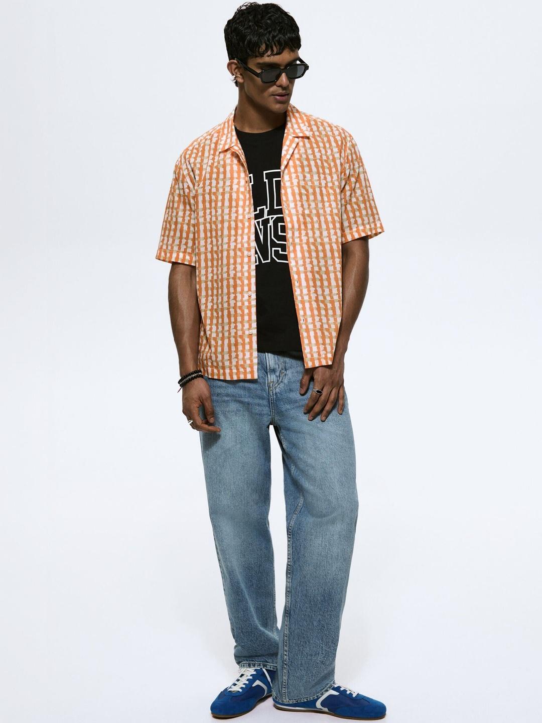 Buy H&M Exclusive Collection Orange Regular Fit Cotton Checked Shirt - - Apparel for Men