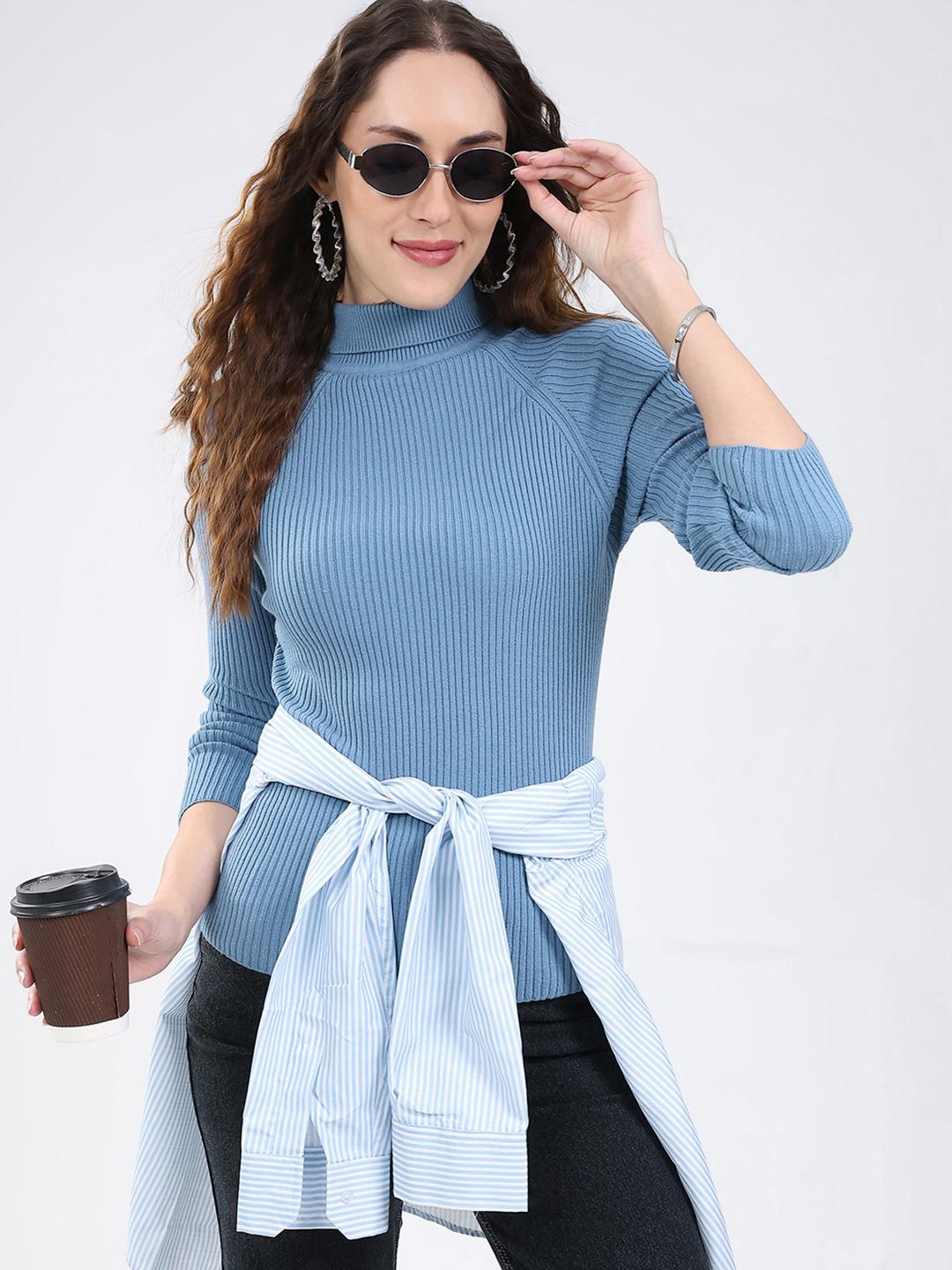 Women’s Navy Striped Turtleneck Pullover | Casual Ribbed Sweater for Winter India