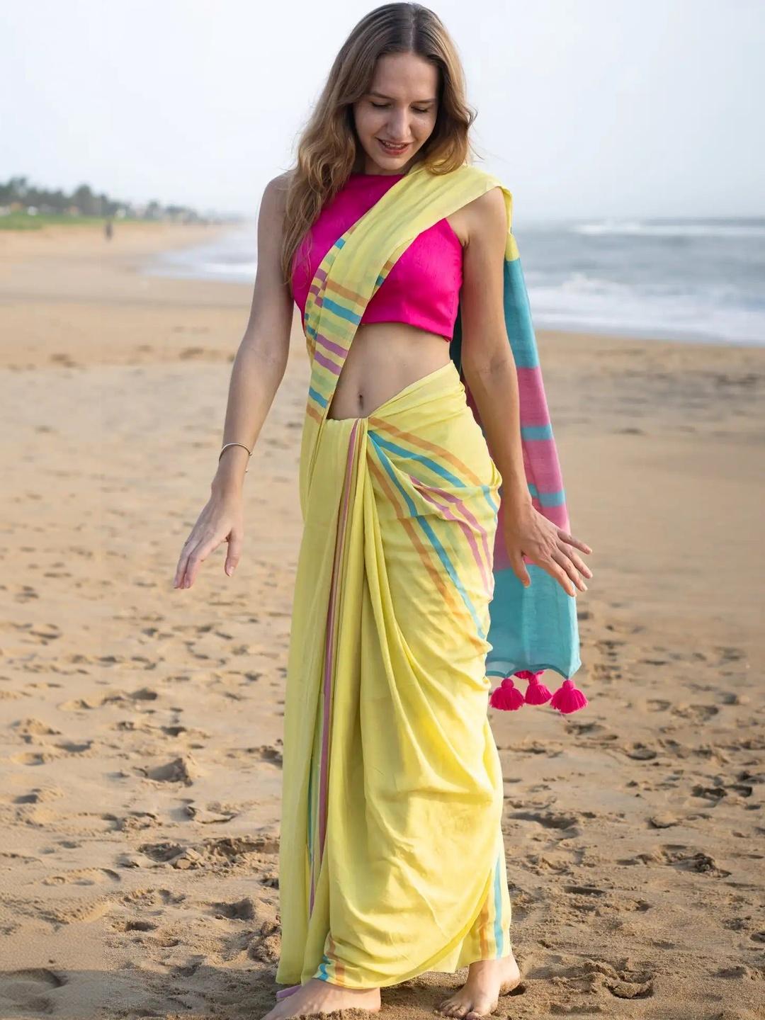 Buy Moda Rapido Striped Pure Linen Fusion Block Print Saree - Sarees ...