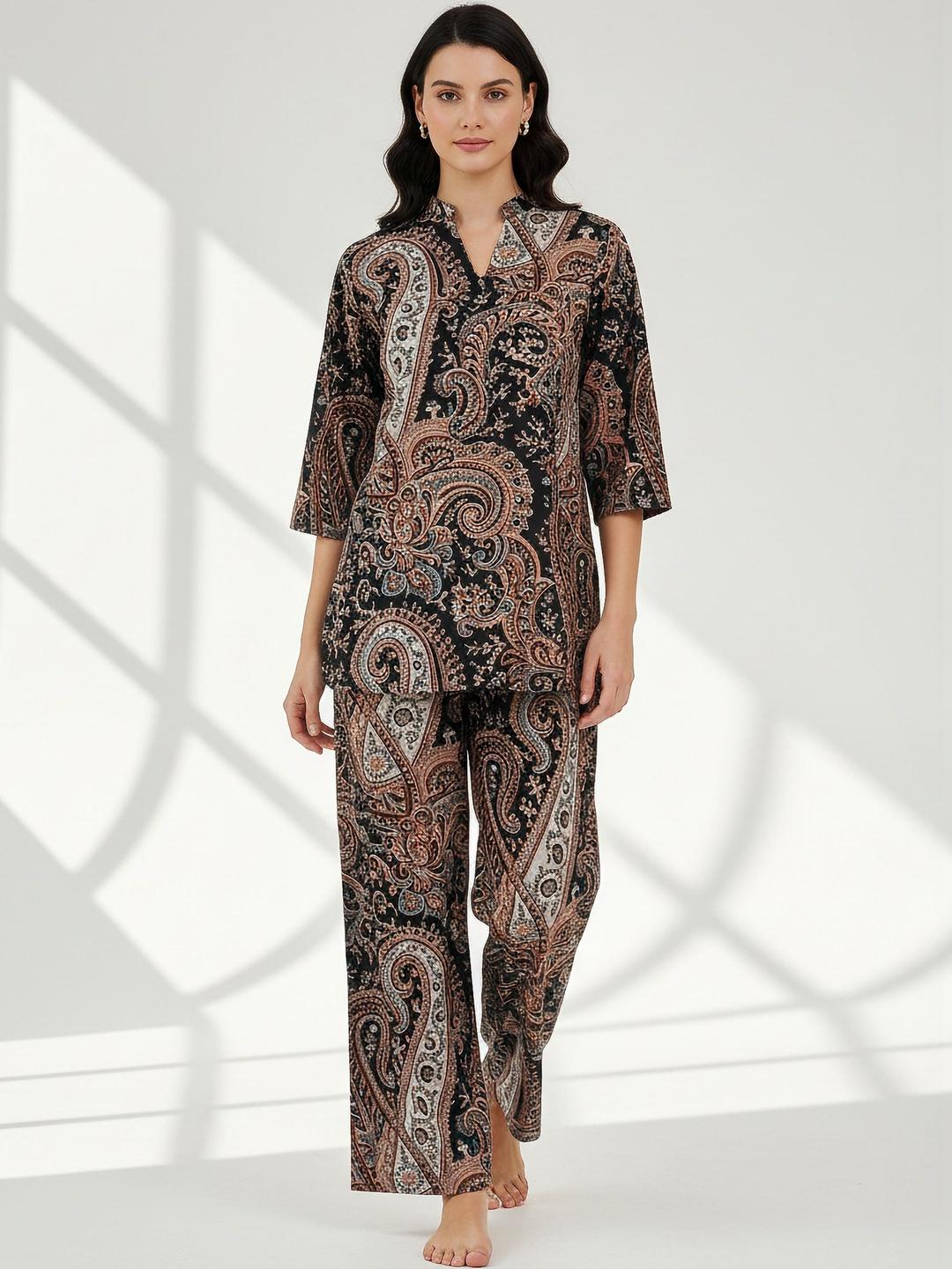 Buy JISORA Brown Printed Mandarin Collar Top & Palazzos Cotton Co Ords - - Apparel for Women