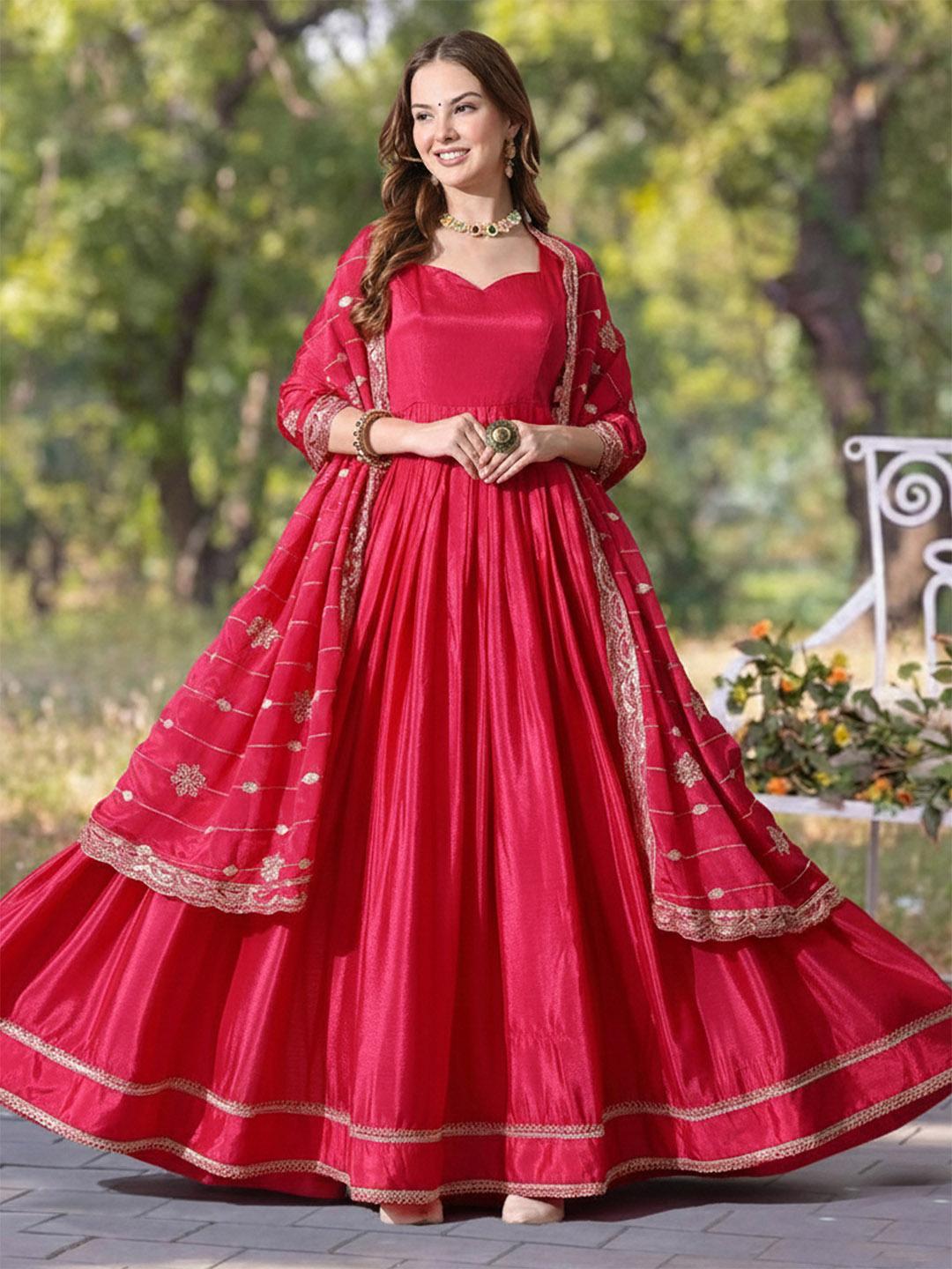 Buy TextileNow Women Solid Flared Anarkali Style Ethnic Dress With Embroidered Dupatta - - Apparel for Women