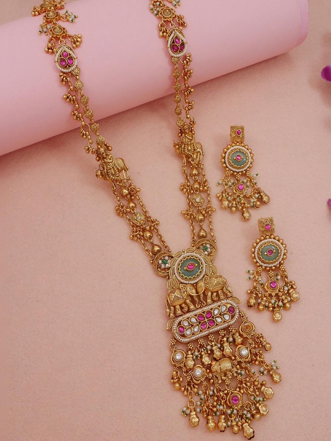 House of Pataudi Gold-plated Brass Diamond Necklace & Earrings - Image 1