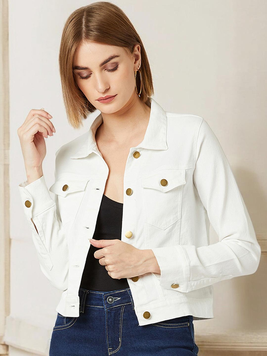Miss Chase Women Striped Crop Denim Jacket with Patchwork