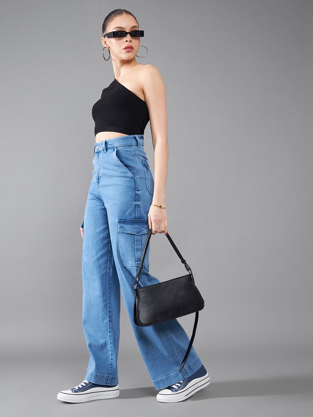 DOLCE CRUDO Women Wide Leg High-Rise Stretchable Cargo Jeans