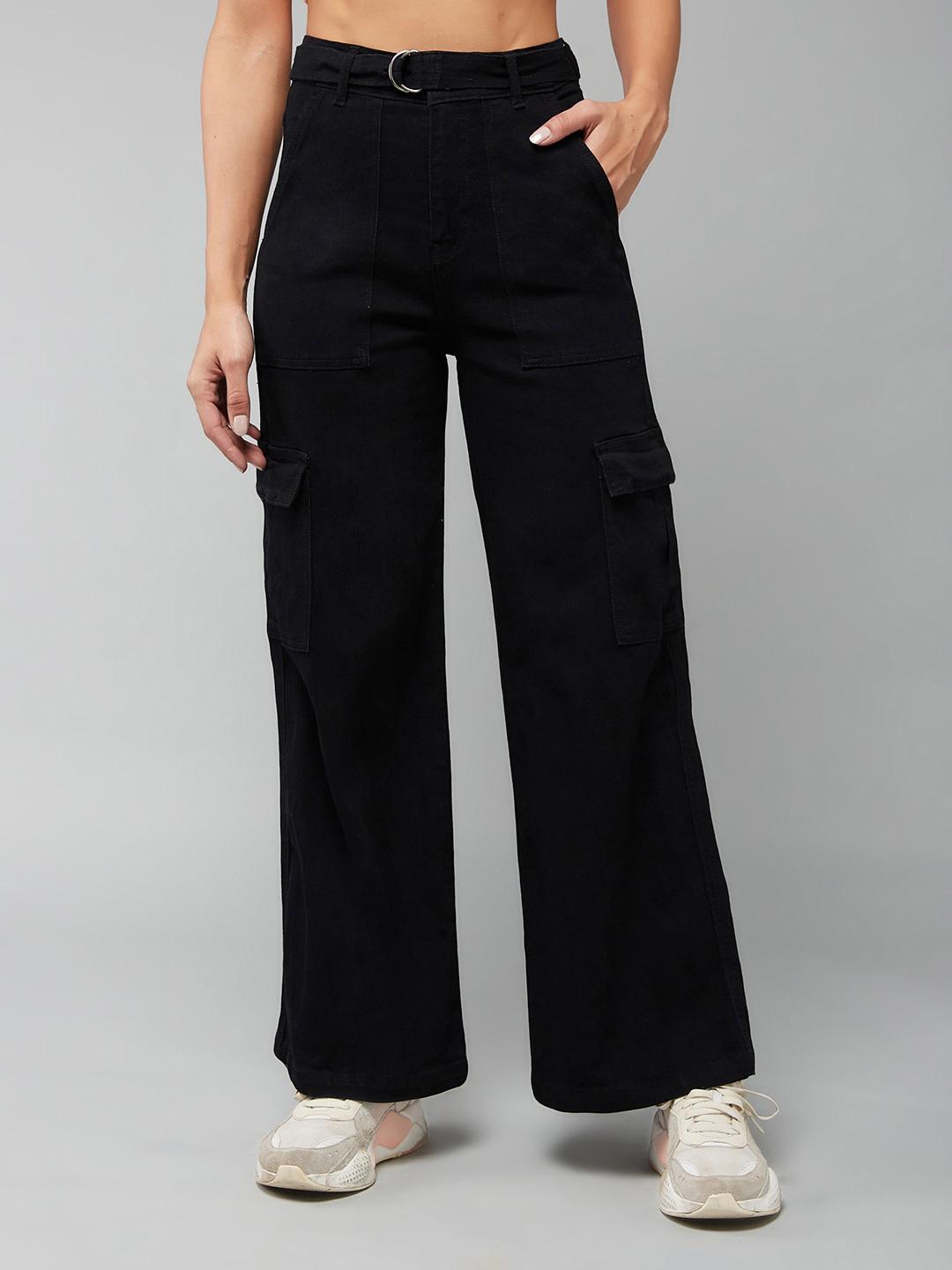 DOLCE CRUDO Women Black Wide Leg High Rise Stretchable Jeans With An Attached Belt