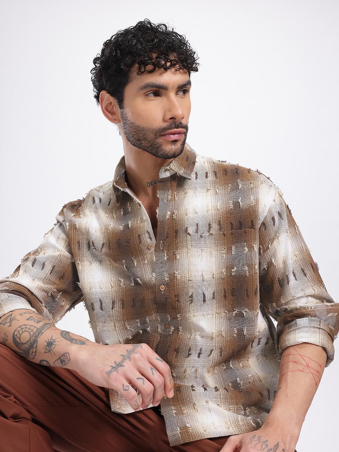 glitchez Checked Frayed Oversized Fit Shirt