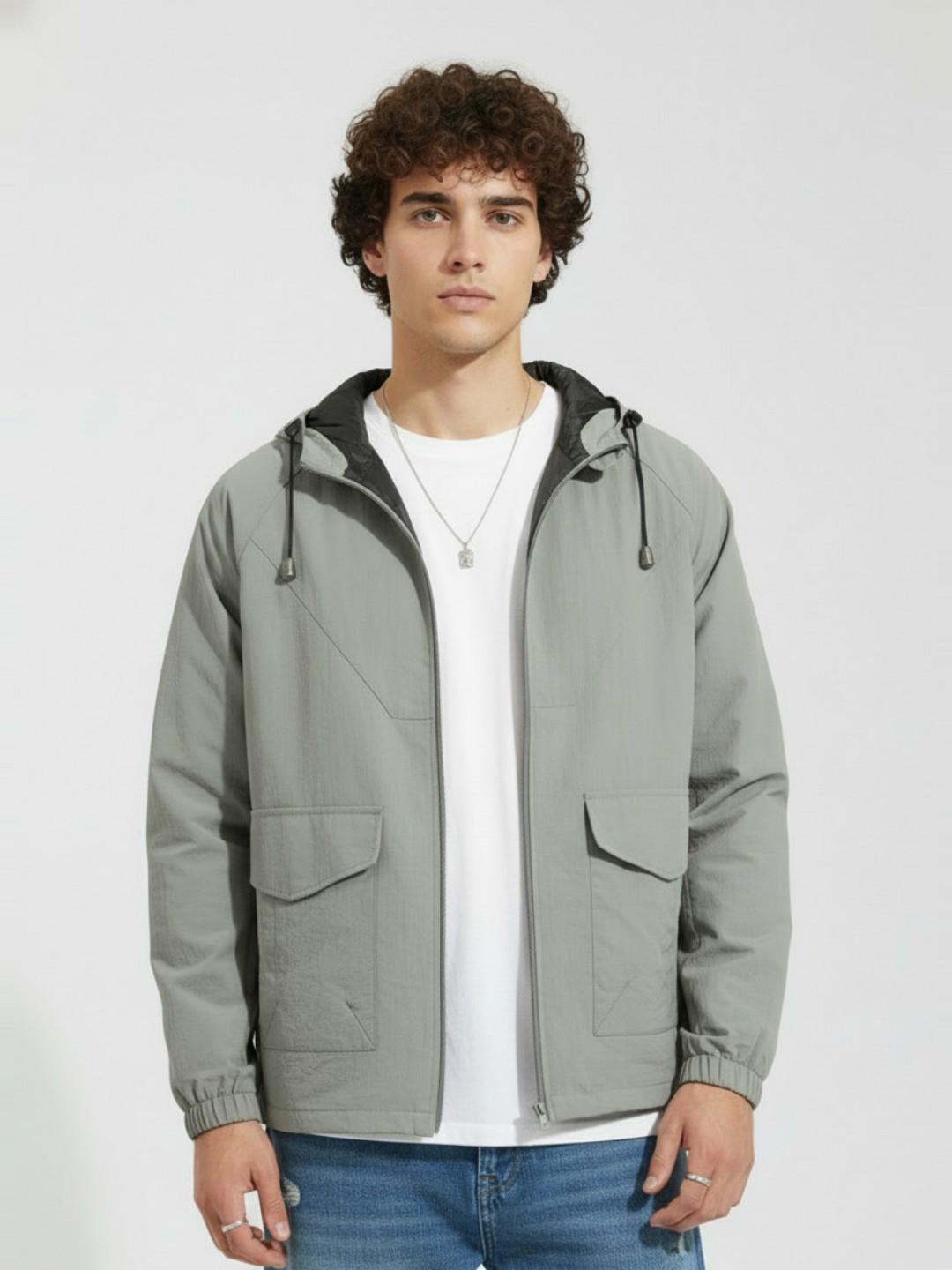 glitchez Hooded Windcheater Relaxed Fit Tailored Jacket with Toggled Hem