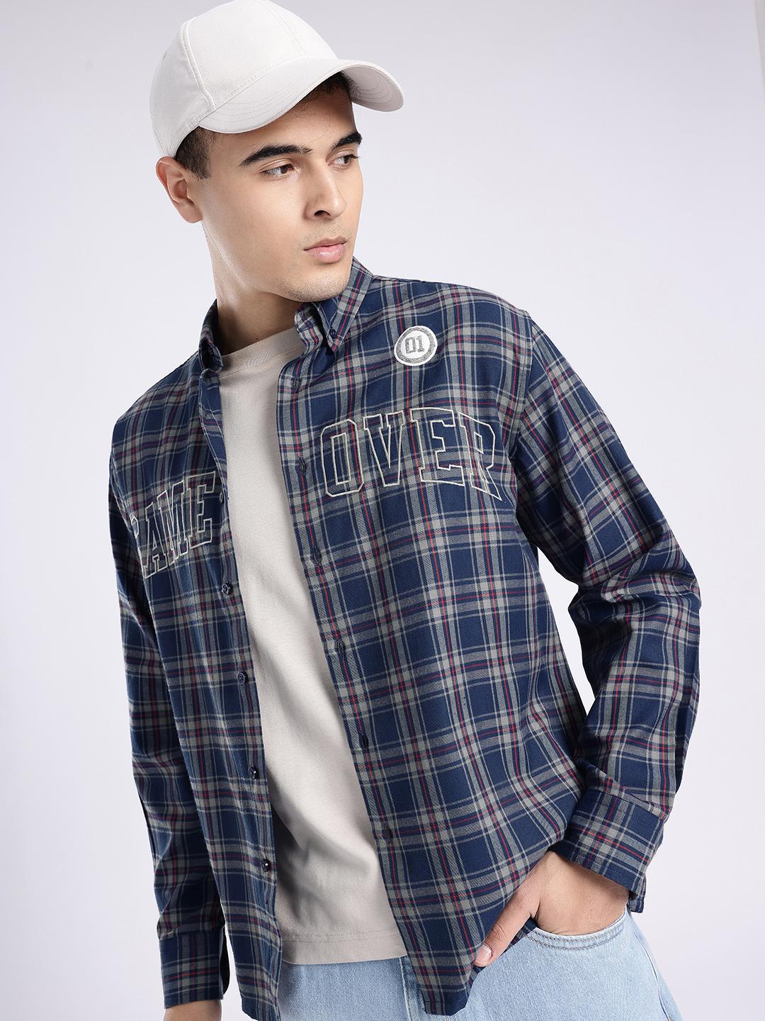 glitchez Oversized Checked Button-Down Collar Embroidered Detail Casual Shirt