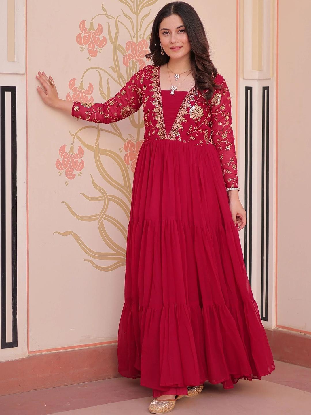 Buy FOXDX Women Embroidered Georgette Stitched Anarkali Ethnic Dresses - - Apparel for Women