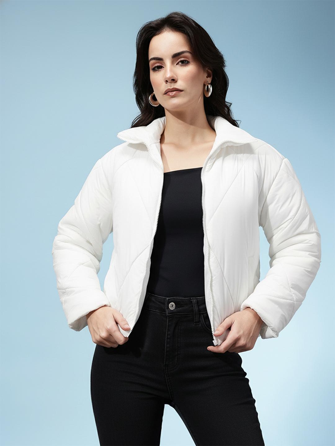 glitchez Mock Collar Drop-Shoulder Sleeves Crop Relaxed Fit Padded Jacket