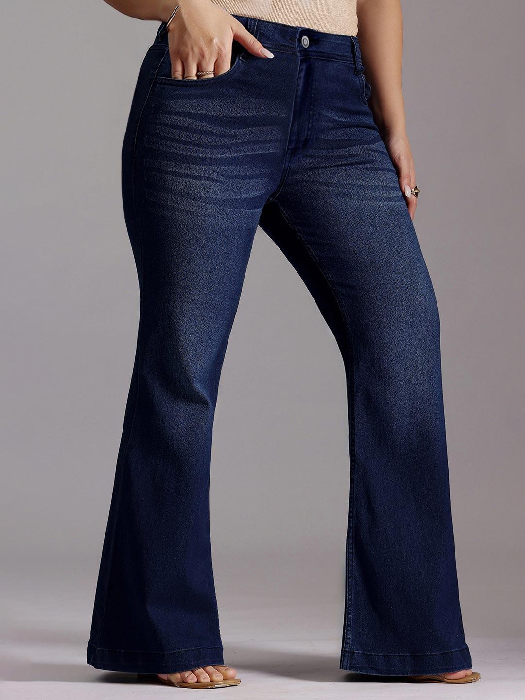 Miss Chase A+ Plus Size Women Navy Blue High-Rise Clean-Look Stretchable Bootcut Denim Jeans