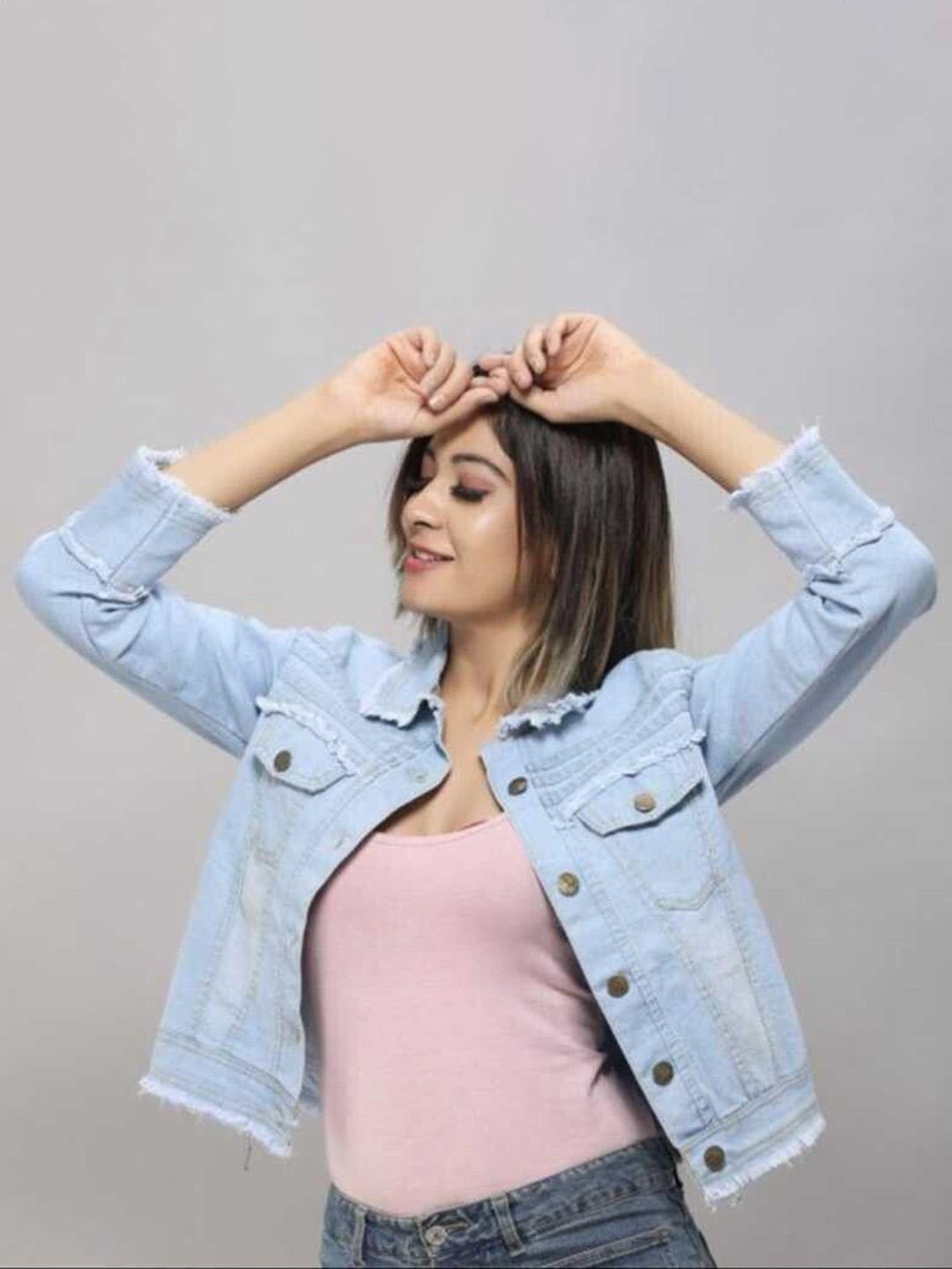 KASHIAN Women Spread Collar Solid Casual Denim Jacket