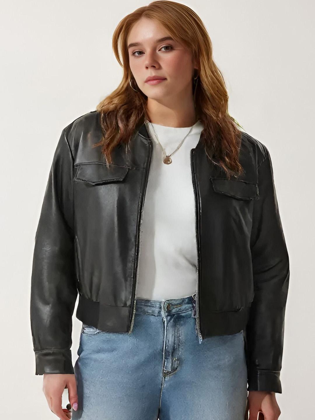 Shiv traders collection Women Solid Long Sleeves Leather Jacket