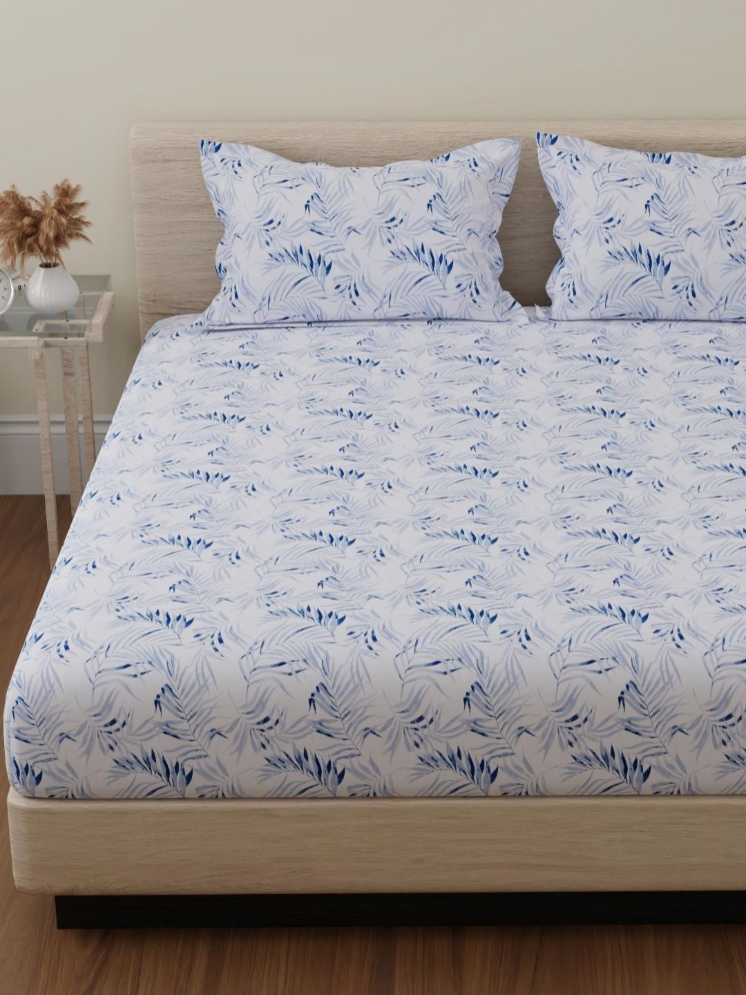 Buy Huesland Blue Leaf Cotton 144 TC Queen Bedsheet With 2 Pillow Covers 88 X 100 Inches - - Home for Unisex