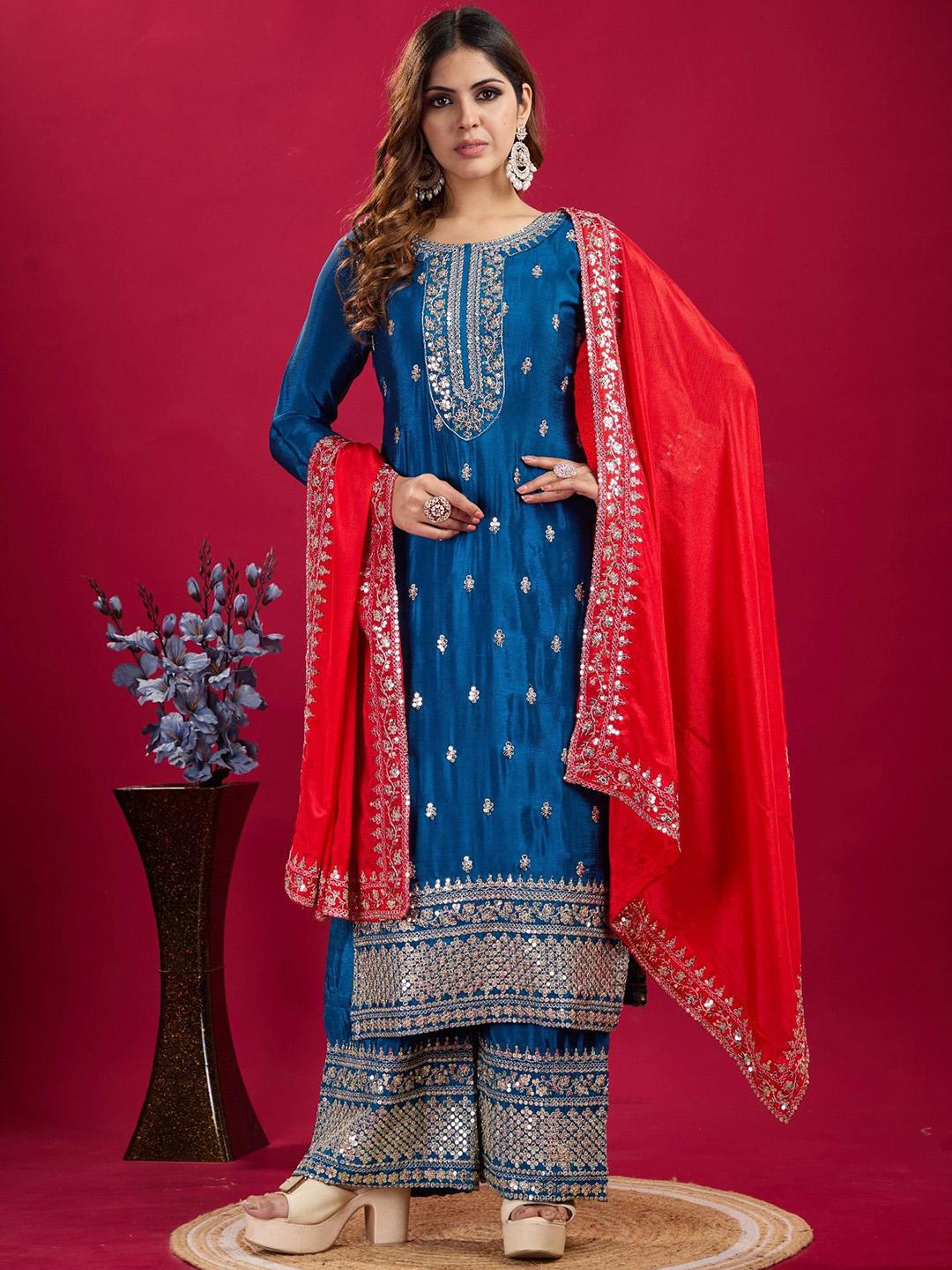 Floral Embroidered Round Neck Sequinned Anarkali Kurta With Palazzos & Dupatta