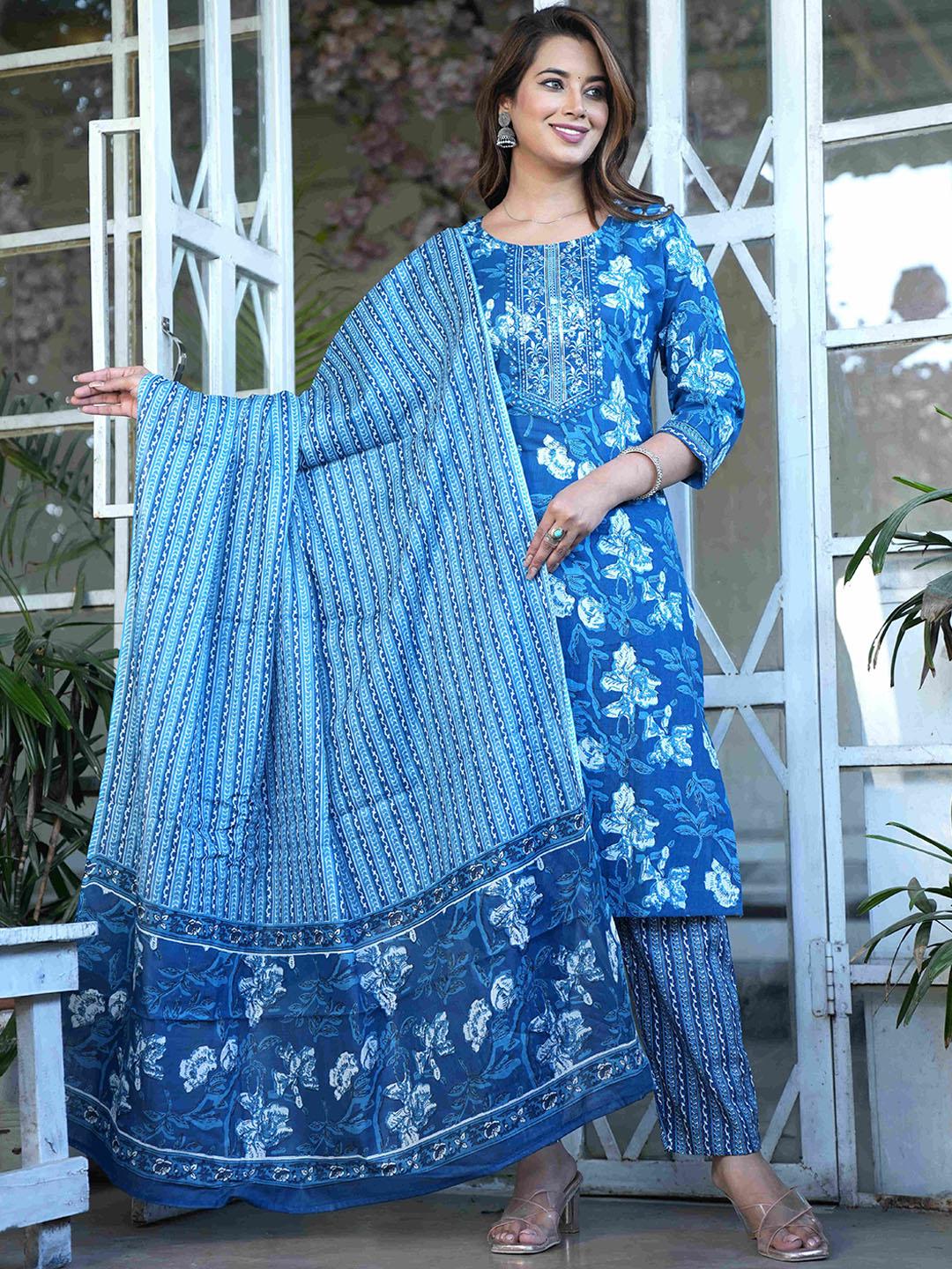 Women Floral embroidered round_neck Pure Cotton Kurta & Trouser Set