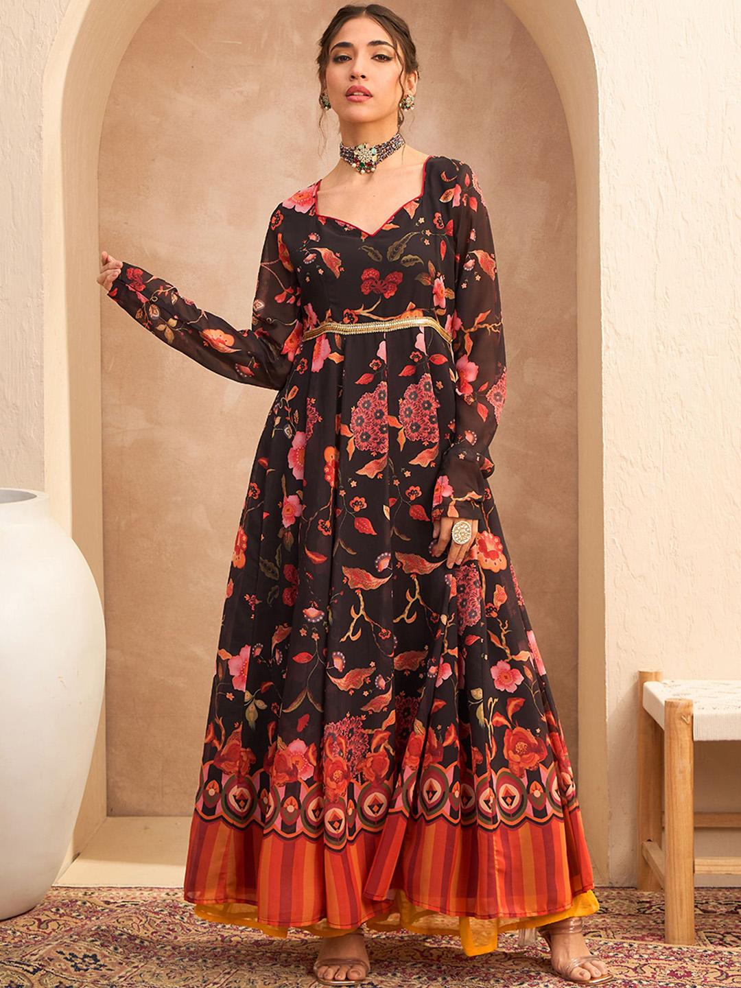 Women Black Floral Sweetheart Neck Anarkali Kurta