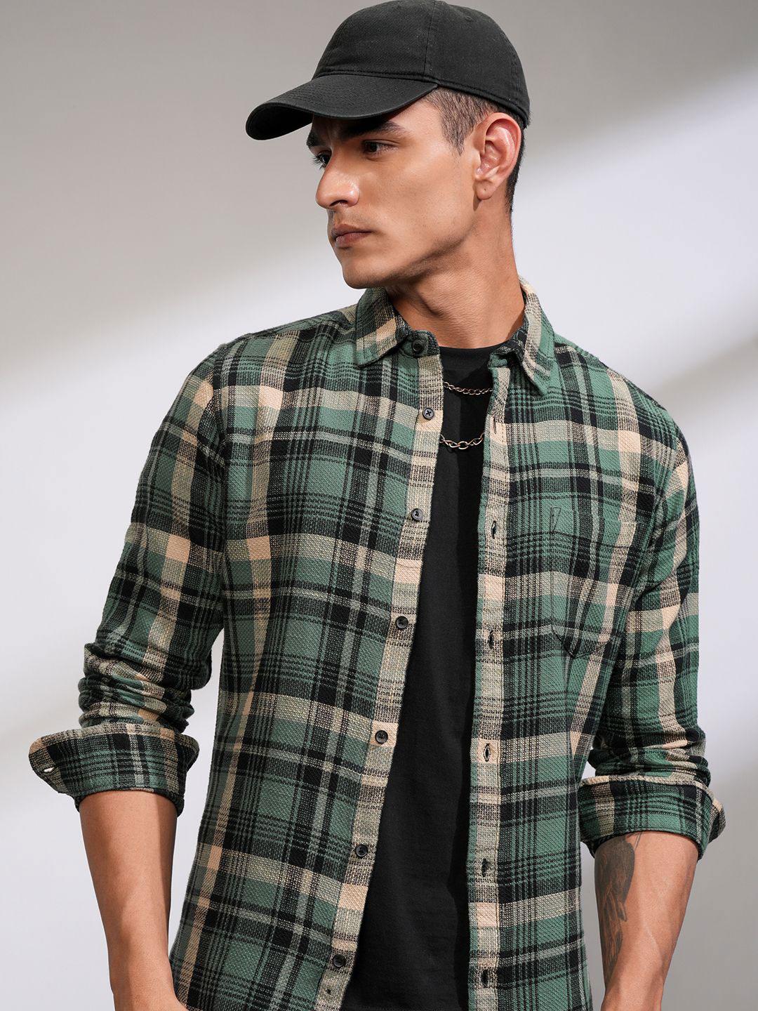 HIGHLANDER Men Sea Dobby Textured Casual Checked Slim Fit Shirt