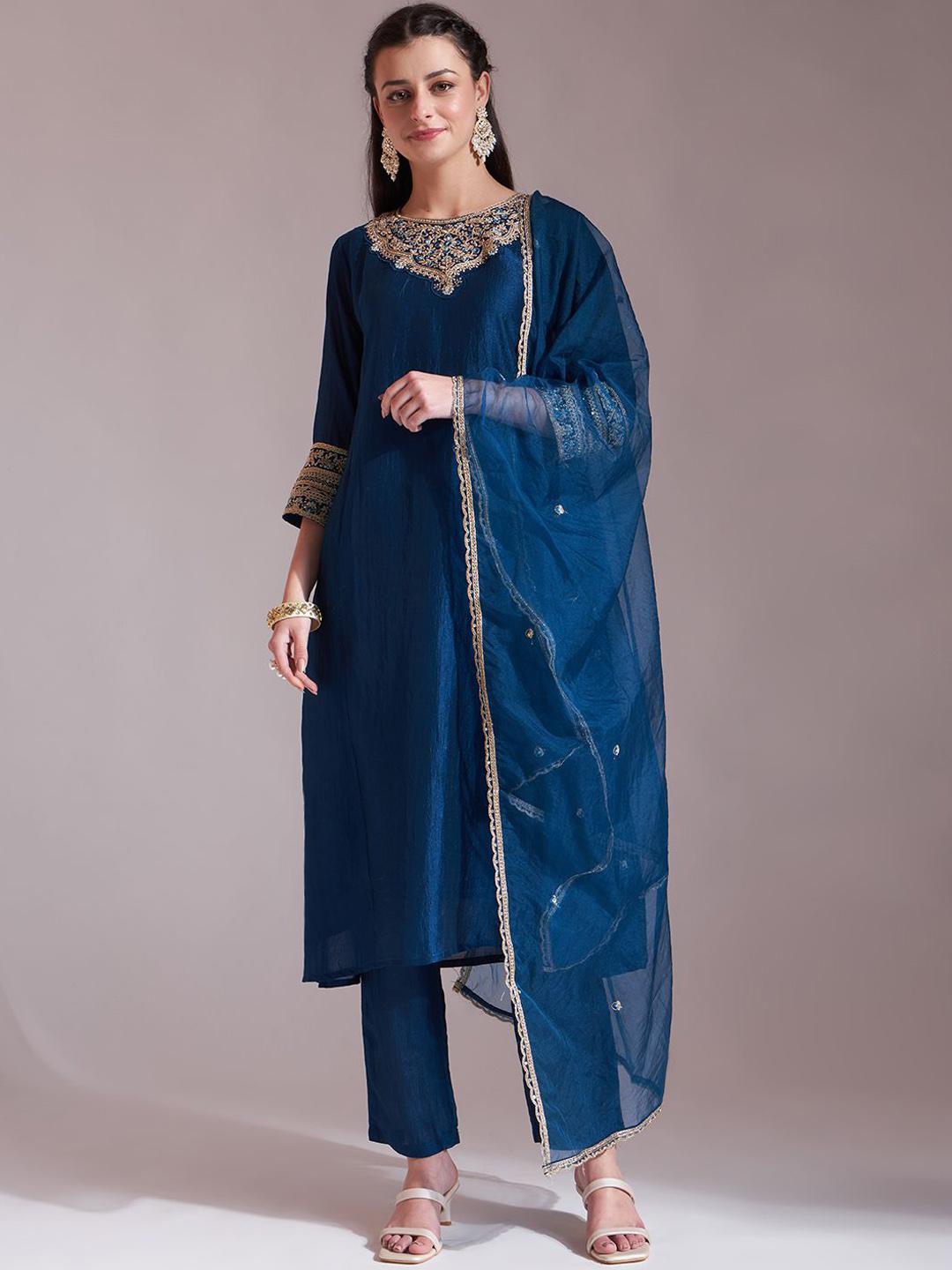 Embroidered Chikankari Straight Kurta With Trousers And Dupatta