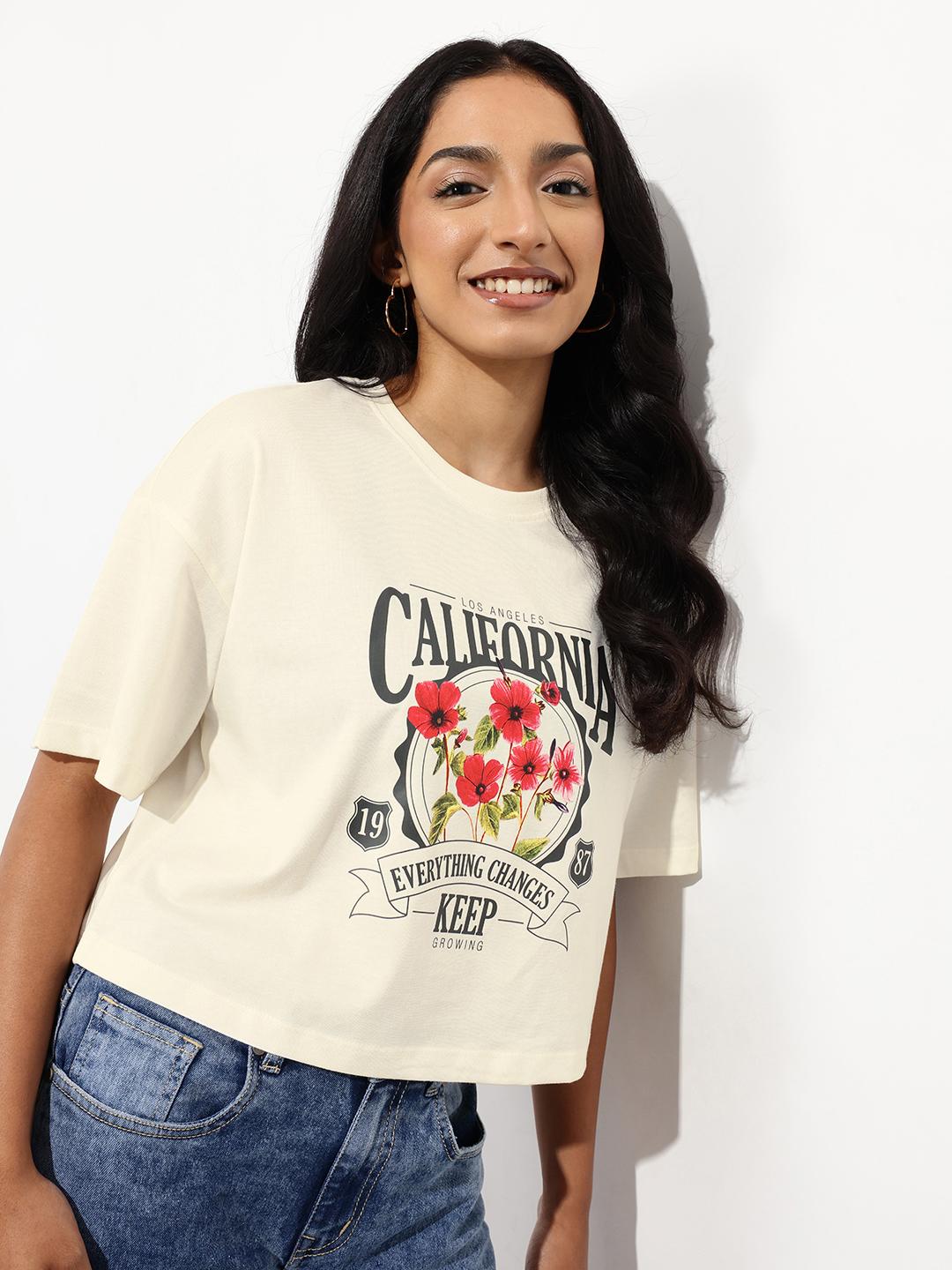 Buy Dressberry Graphic Printed Boxy Fit Crop T Shirt Tshirts For