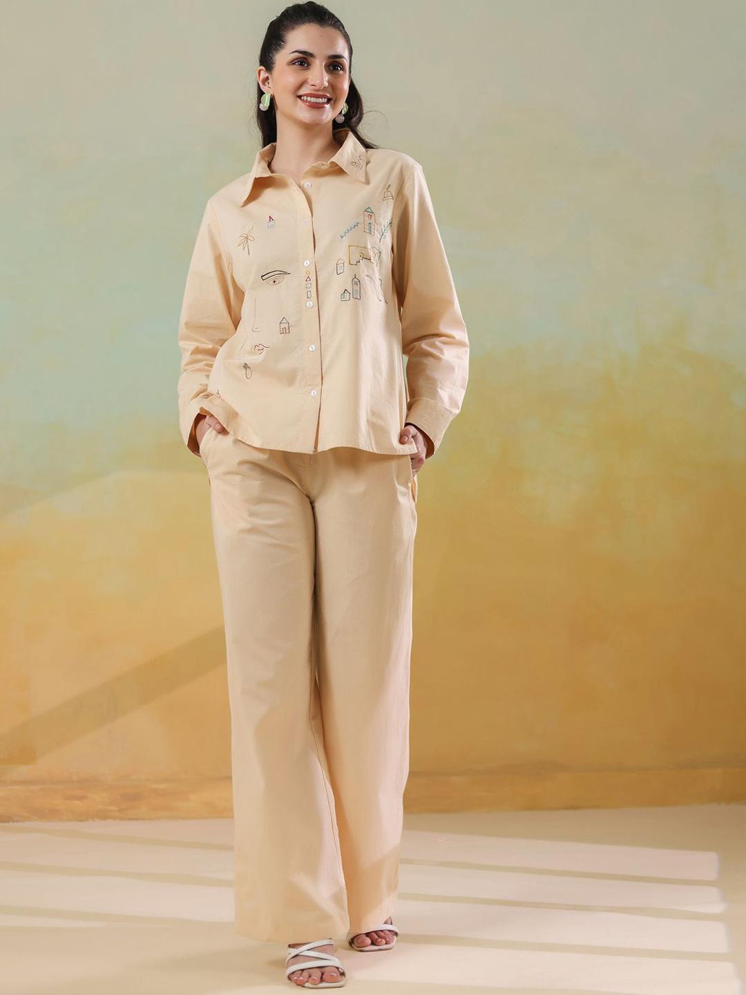 Women's Cream Embroidered Co-ords Set
