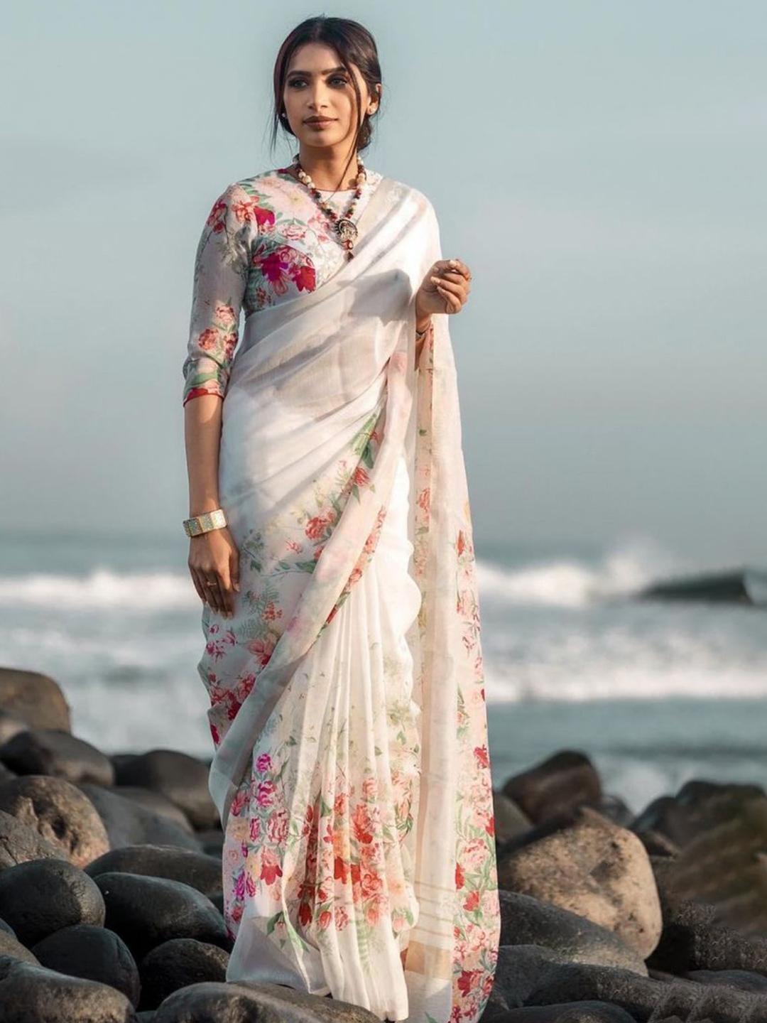 Buy Moda Rapido Floral Pure Linen Saree - Sarees for Women 33003063 ...