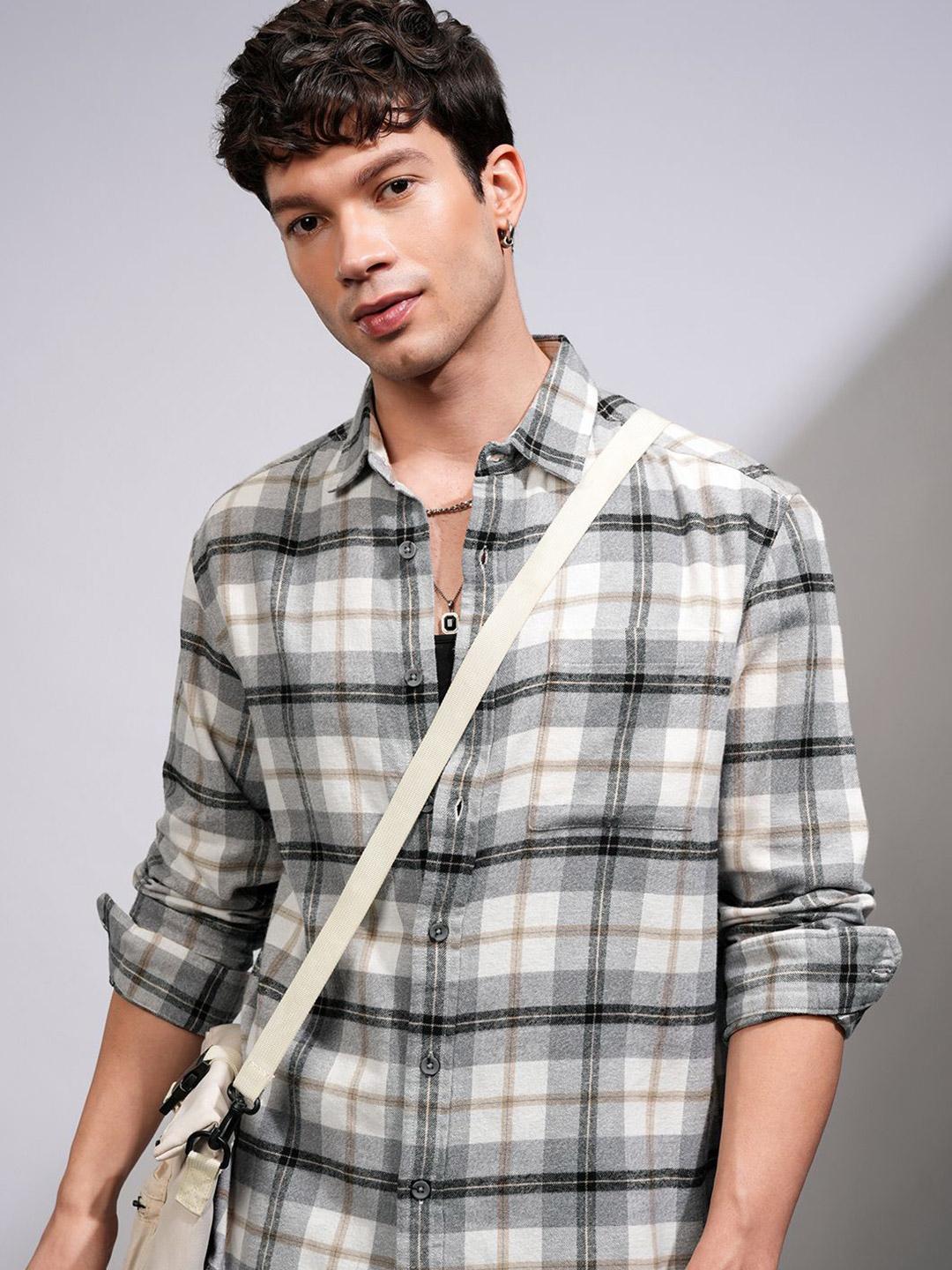 HIGHLANDER Men Flannel Grindle Textured Checked Relaxed Overshirt