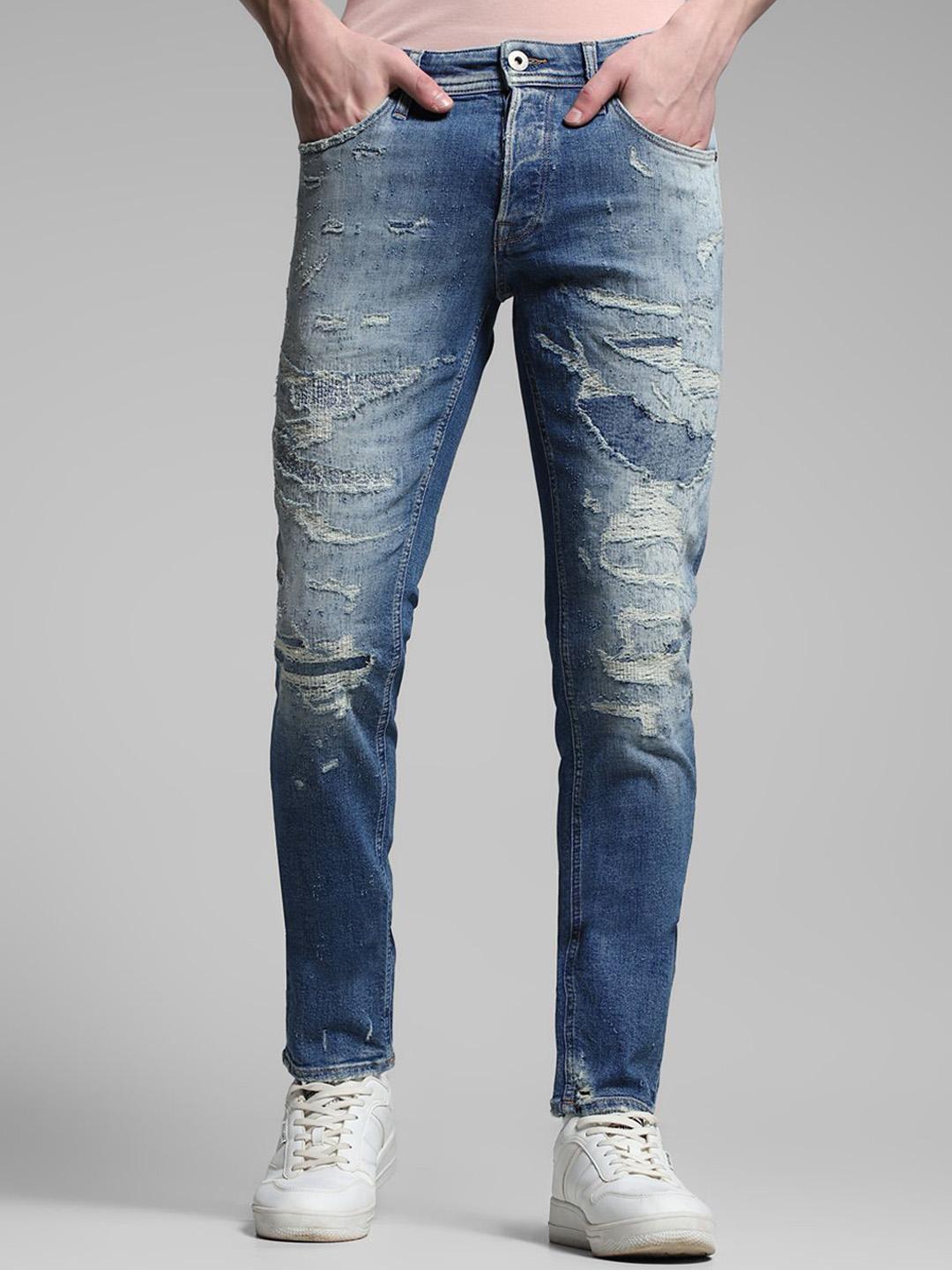 Jack & Jones Men Slim Fit Low-Rise Highly Distressed Heavy Fade Stretchable Jeans