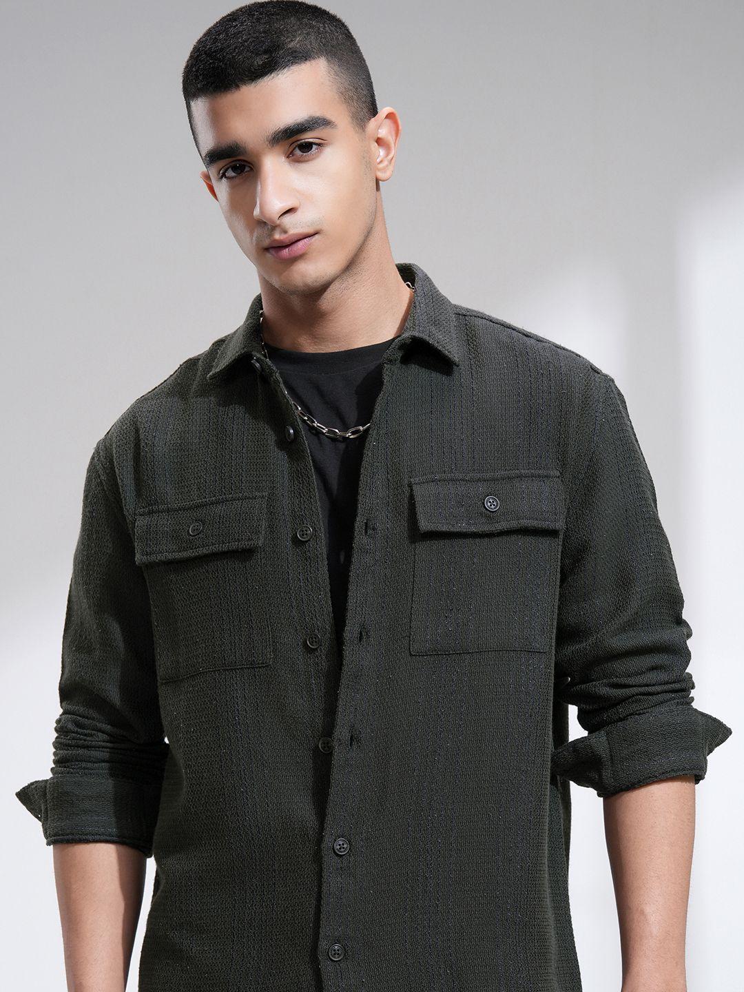 HIGHLANDER Men Dobby Textured Chinelle Yarn Striped Overshirt - Image 1