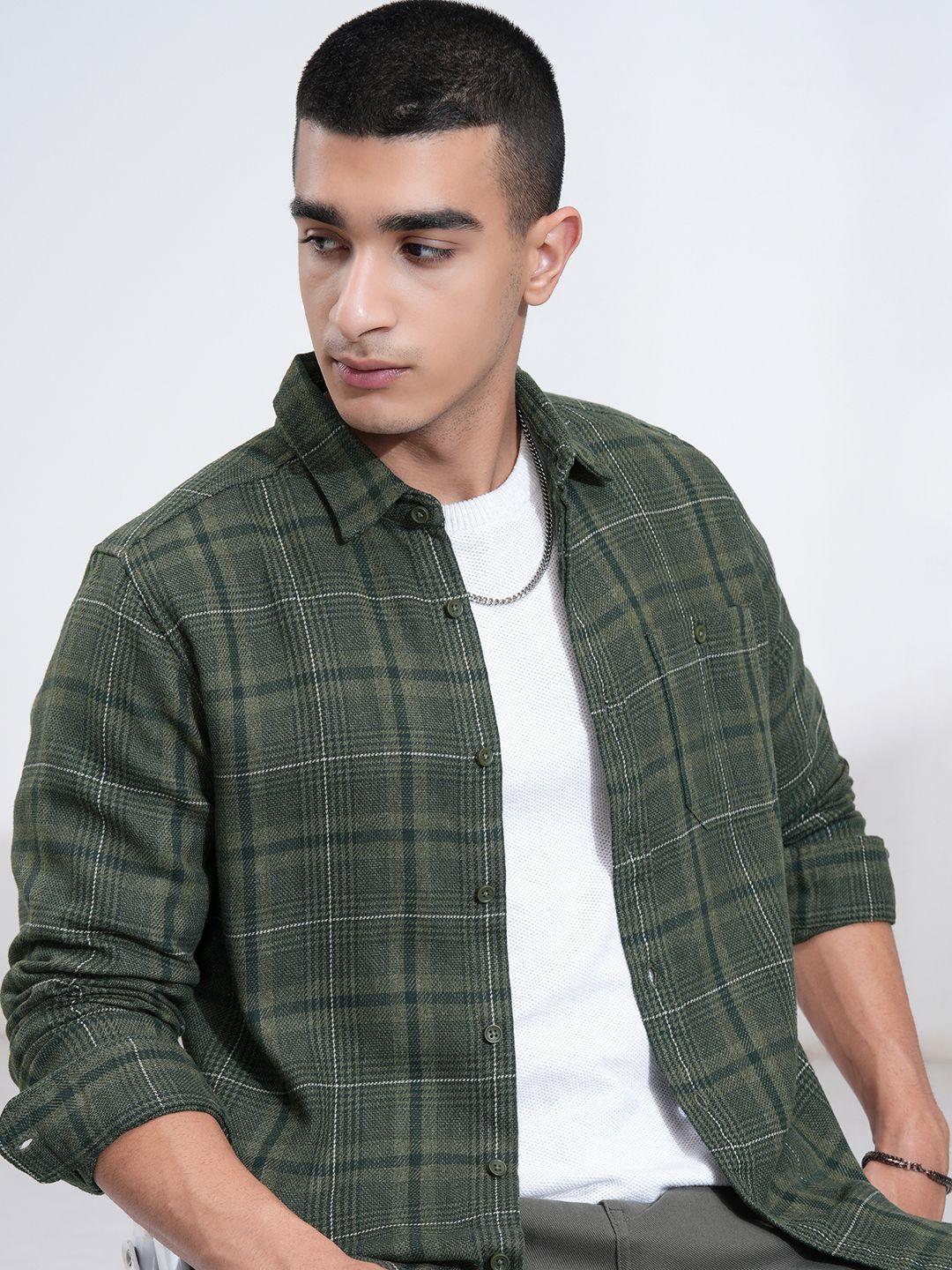 HIGHLANDER Men Houndstooth Dobby Textured Casual Checked Shirt