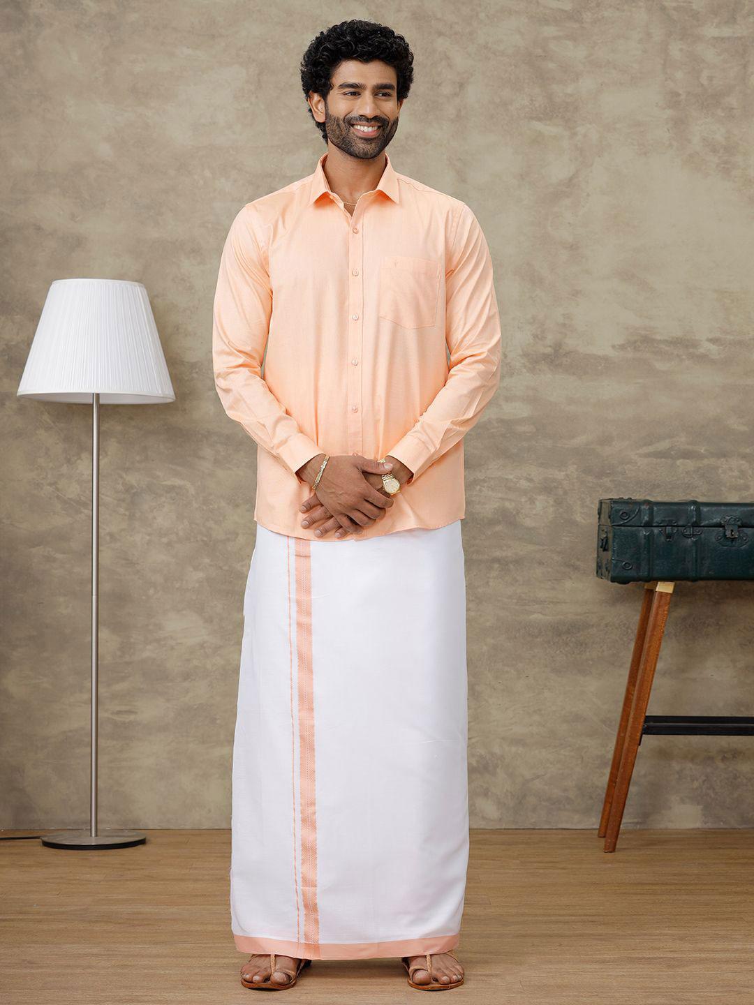 Buy Ramraj Men  Full Sleeve Solid Shirt With Matching Border Dhoti -  - Apparel for Men