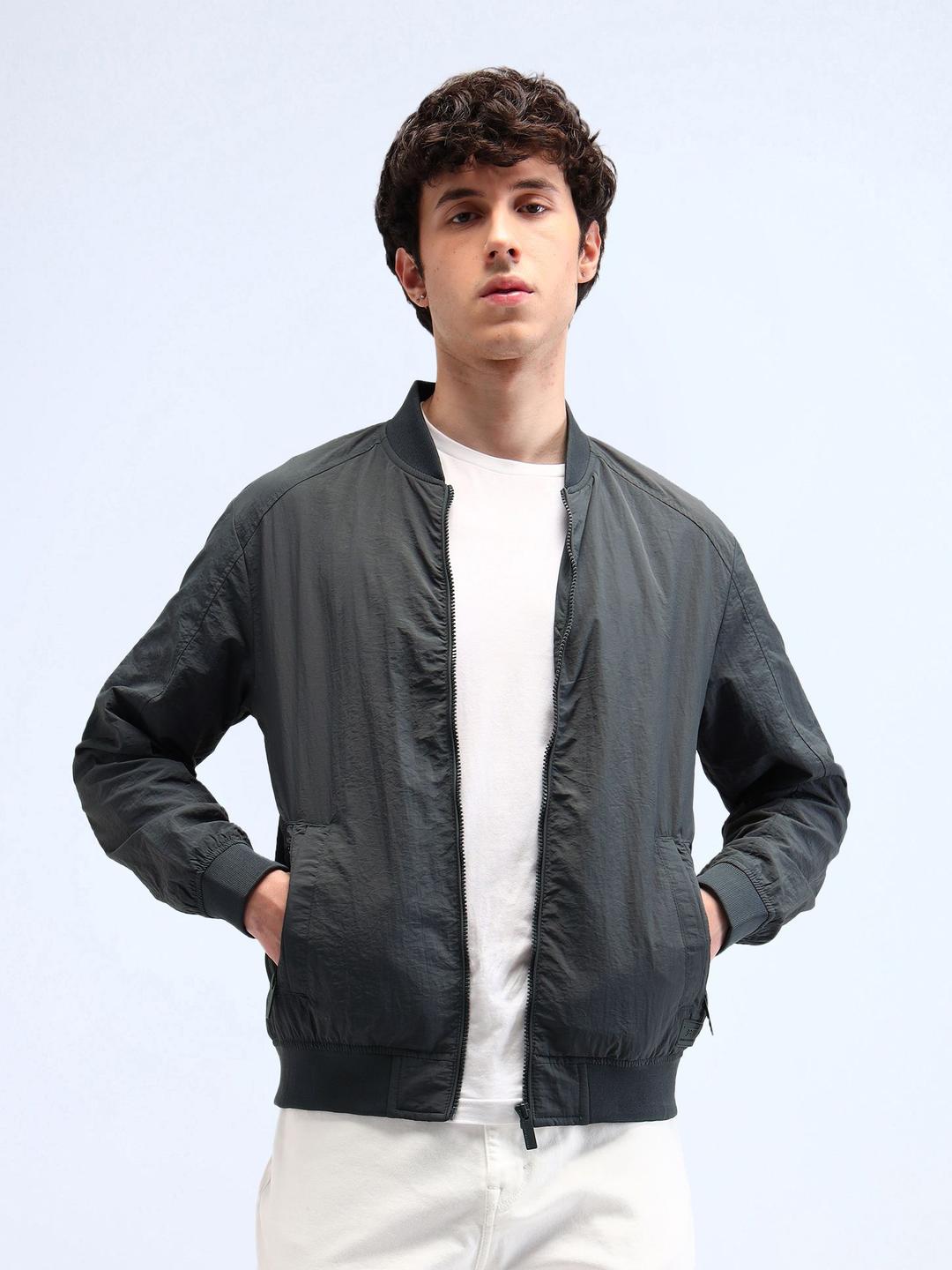 Flying Machine Men Stand Collar Solid Casual Bomber Jacket