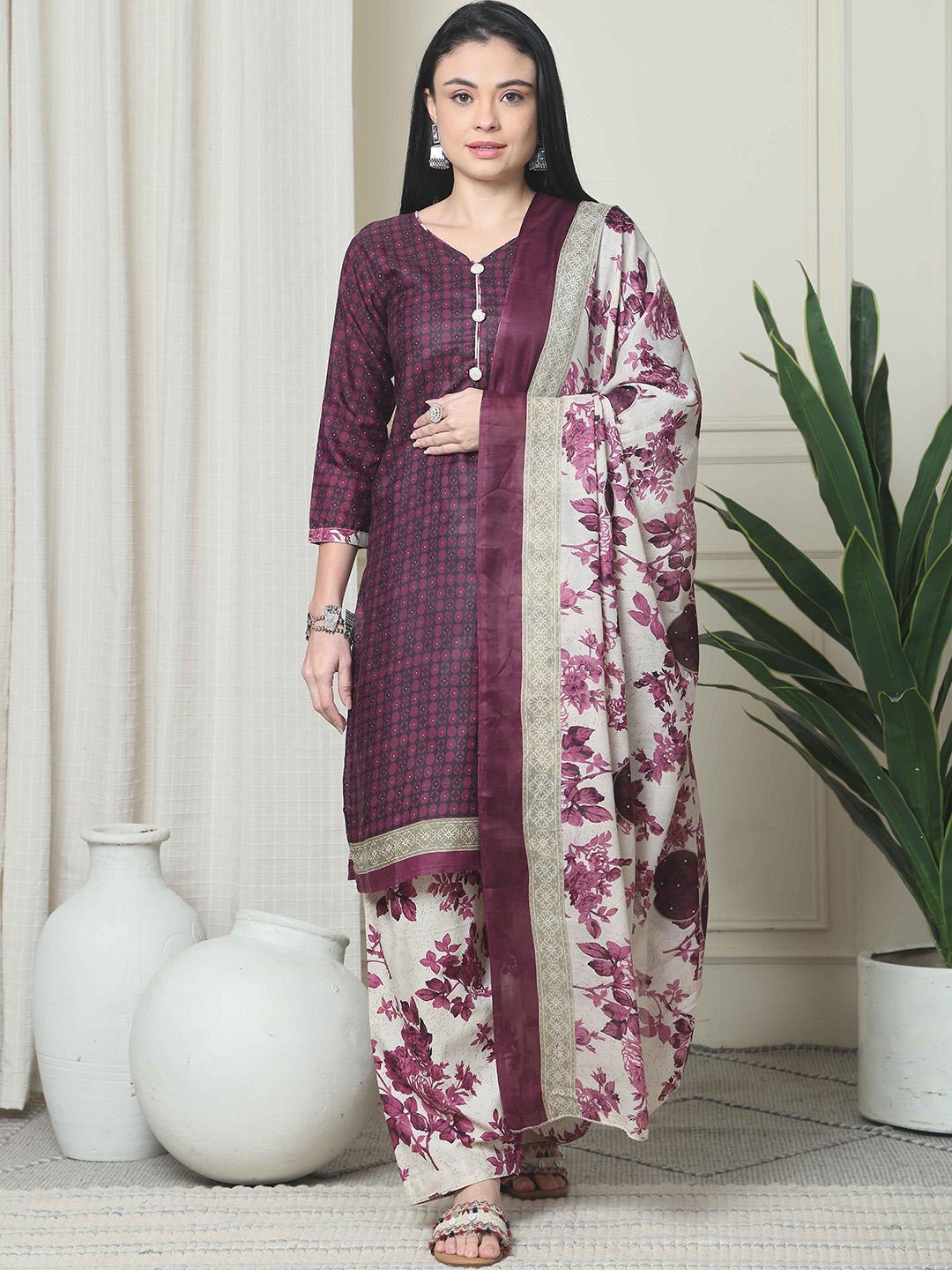 Plus Size Geometric Printed V-Neck Kurta & Salwar With Dupatta