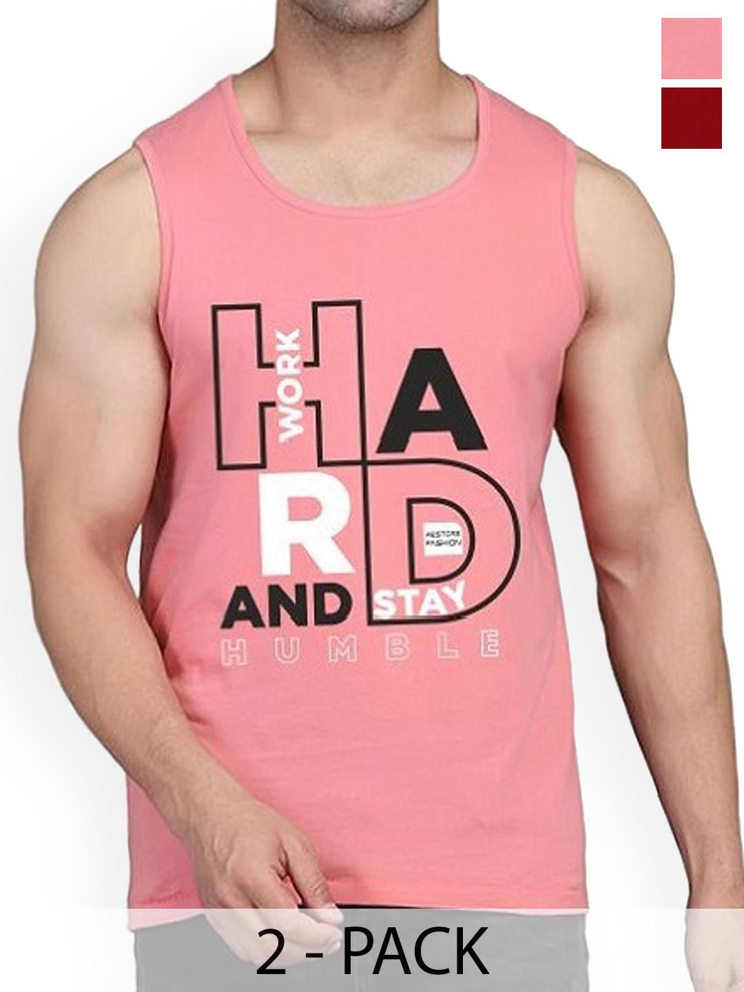 Buy WOOSTRO Pack Of 2 Printed Combed Cotton Gym Vest RS26 CMB (MORE MAROON) (HARD PEACH) -  - Apparel for Men