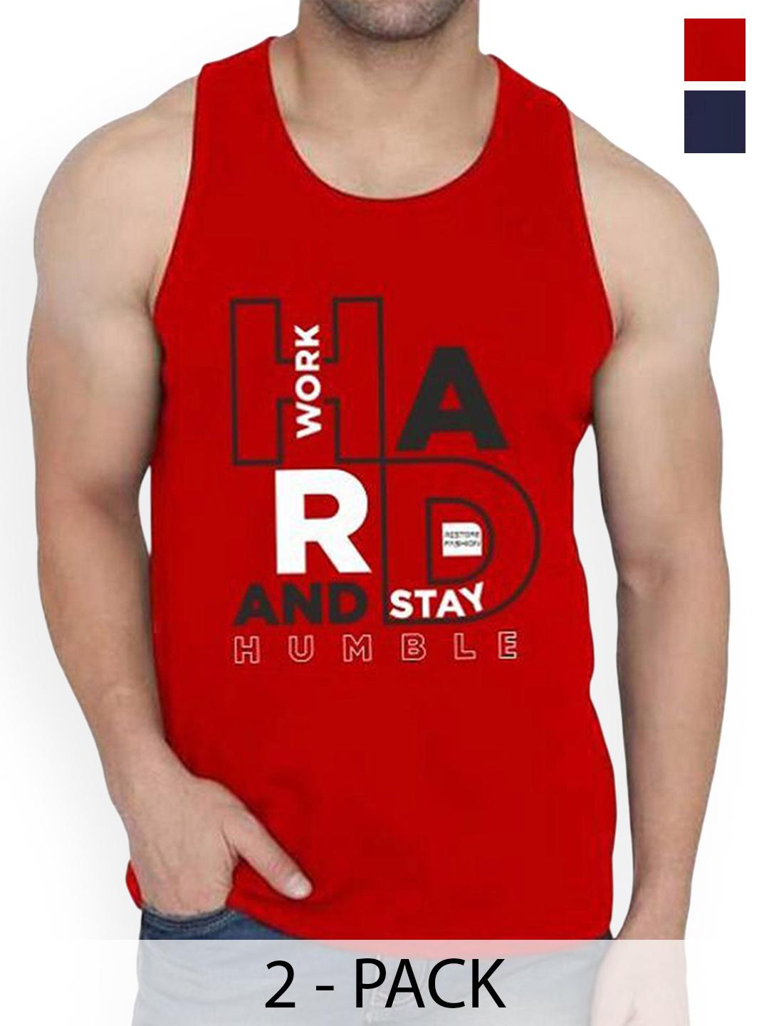 Buy WOOSTRO Pack Of 2 Printed Combed Cotton Gym Vest RS26 CMB (HARD RED) (HARD NAVY) - - Apparel for Men