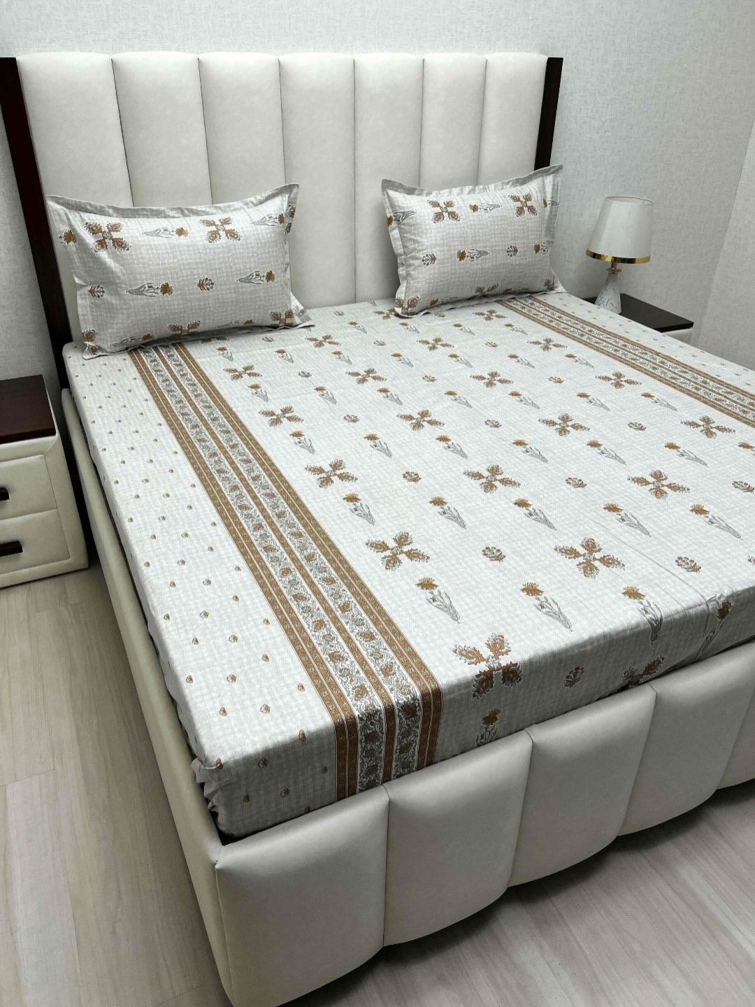 Buy Pure Decor Grey Floral 250TC Pure Cotton Queen Double Bedsheet & 2 Pillow Covers 90X100