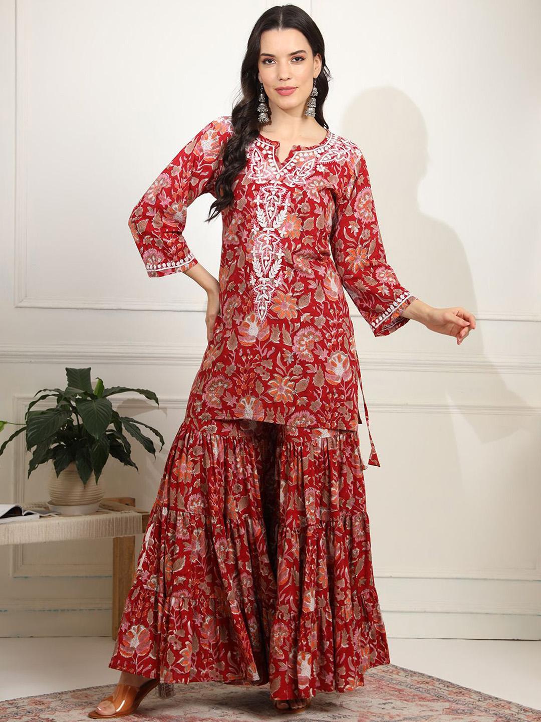 Buy SUFIZA LIFESTYLE Floral Printed Pure Cotton Chikankari Notch Neck Kurti With Sharara -  - Apparel for Women