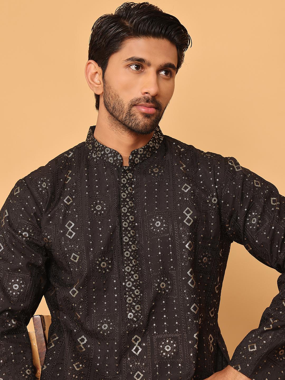Jompers Men Floral Embroidered Mandarin Collar Thread Work Kurta