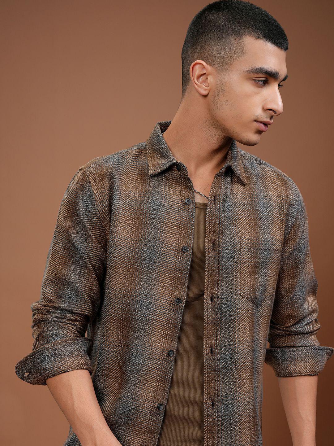 HIGHLANDER Men Rose Gold Tarton Check Casual Relaxed Fit Shirt