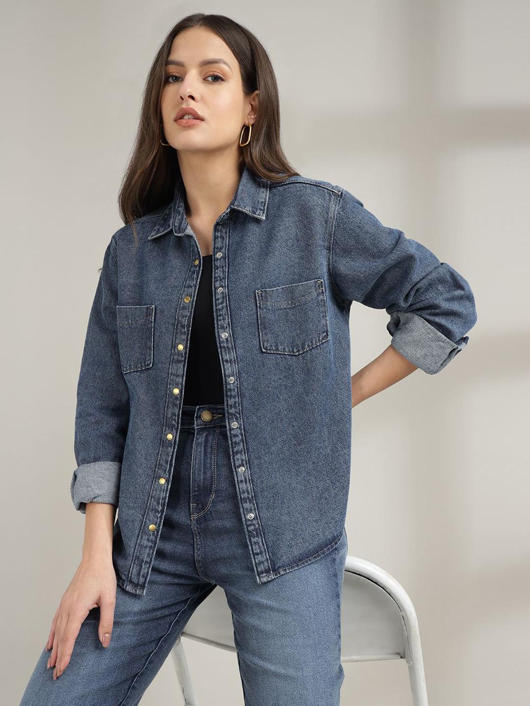 Women's Blue Comfort Oversized Fit Spread Collar Solid Cotton Casual Shirt