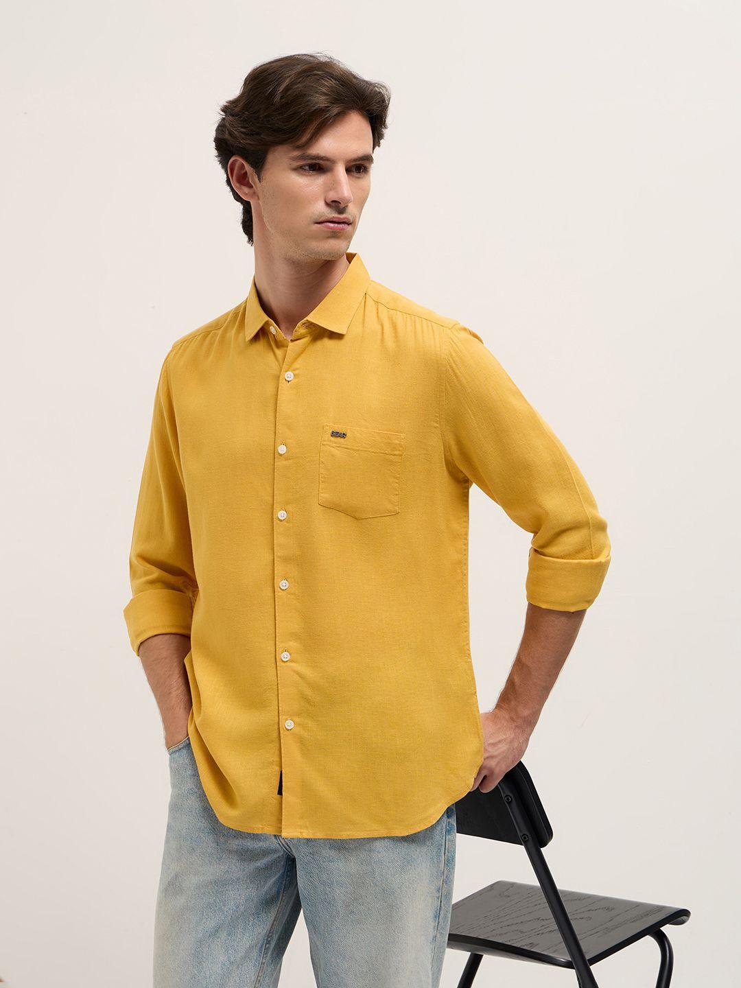 THE BEAR HOUSE Spread Collar Slim Fit Lyocell Linen Casual Shirt