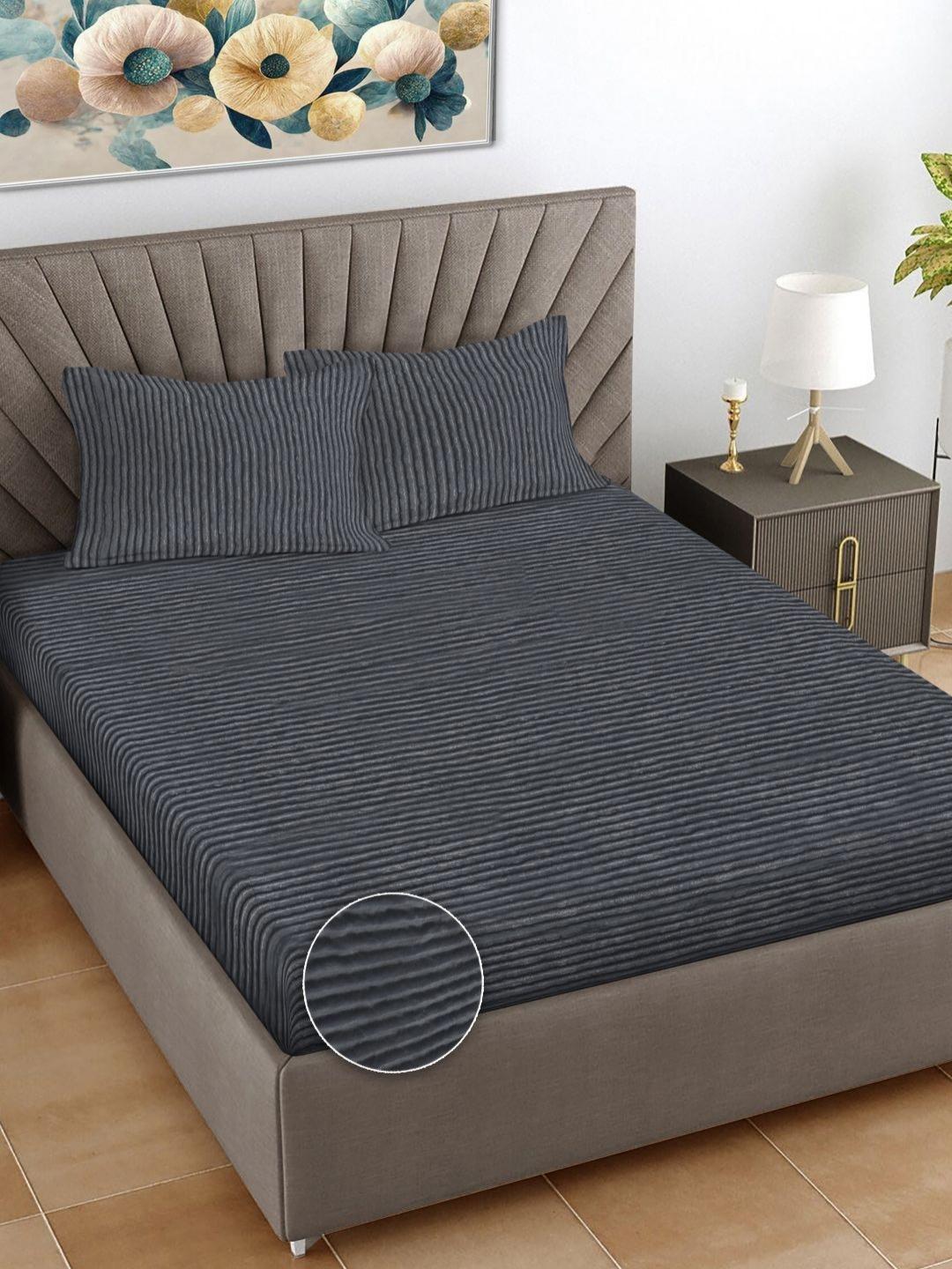 Buy Myntra Elegant Homes Grey Striped Woollen 300TC Fitted Double King 