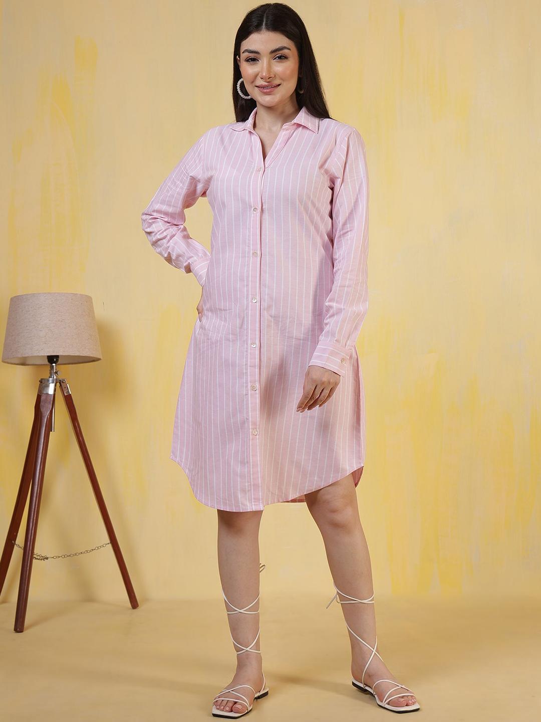 Buy Ranng Pink Stripe Printed Cotton Knee Length Shirt Dress - Dresses ...