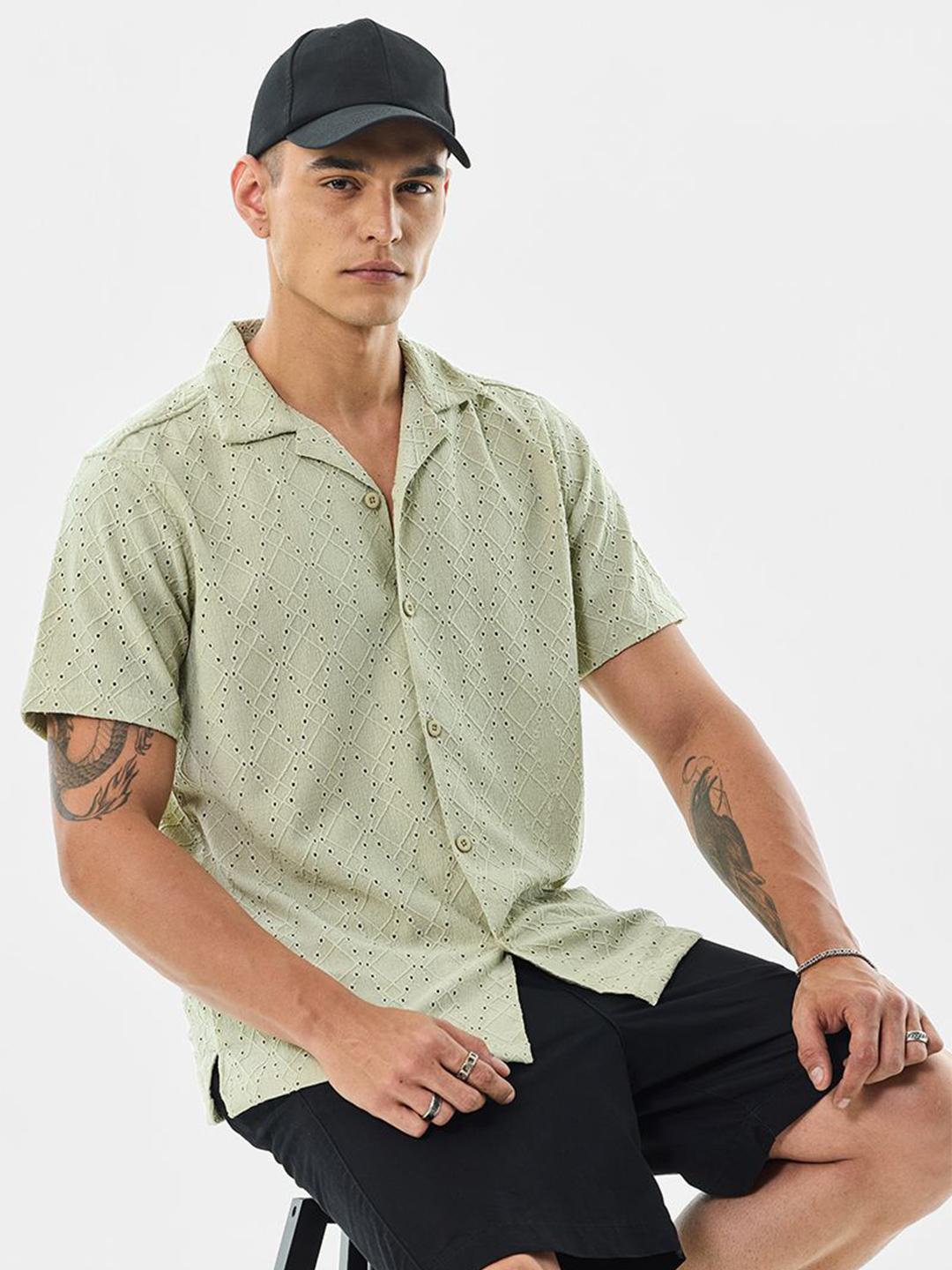 Snitch Schiffli Geometric Embroidered Cuban Collar Semi Sheer Boxy Casual Shirt