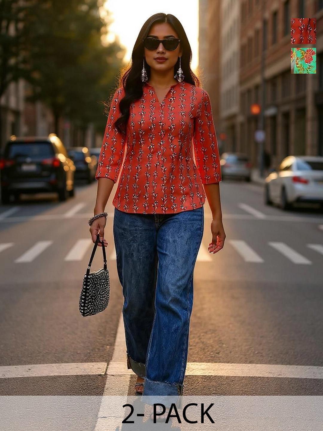 Buy THE FAB FACTORY Pack Of 2 Mandarin Collar Printed Tunic - Tunics ...