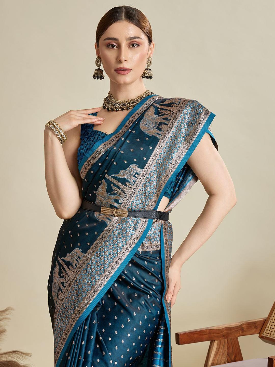Mahendi Varni Fabrics Women Floral Banarasi Silk Woven Saree comes With Matching Blouse