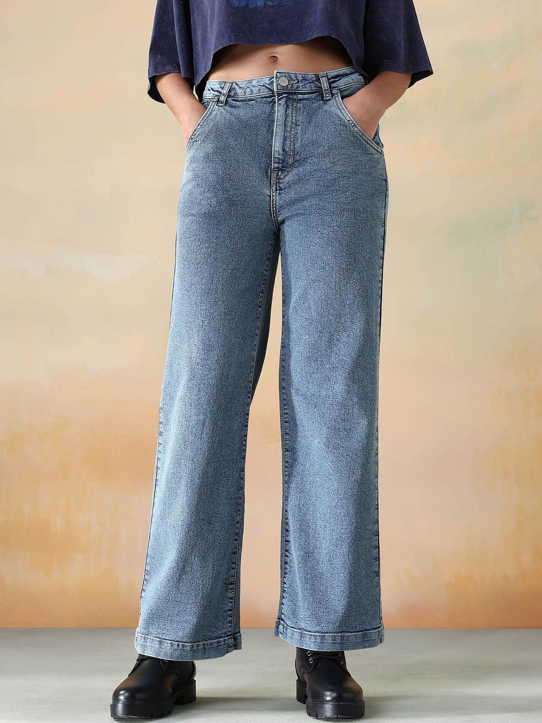 Flying Machine Women Wide Leg High-Rise Light Fade Stretchable Jeans