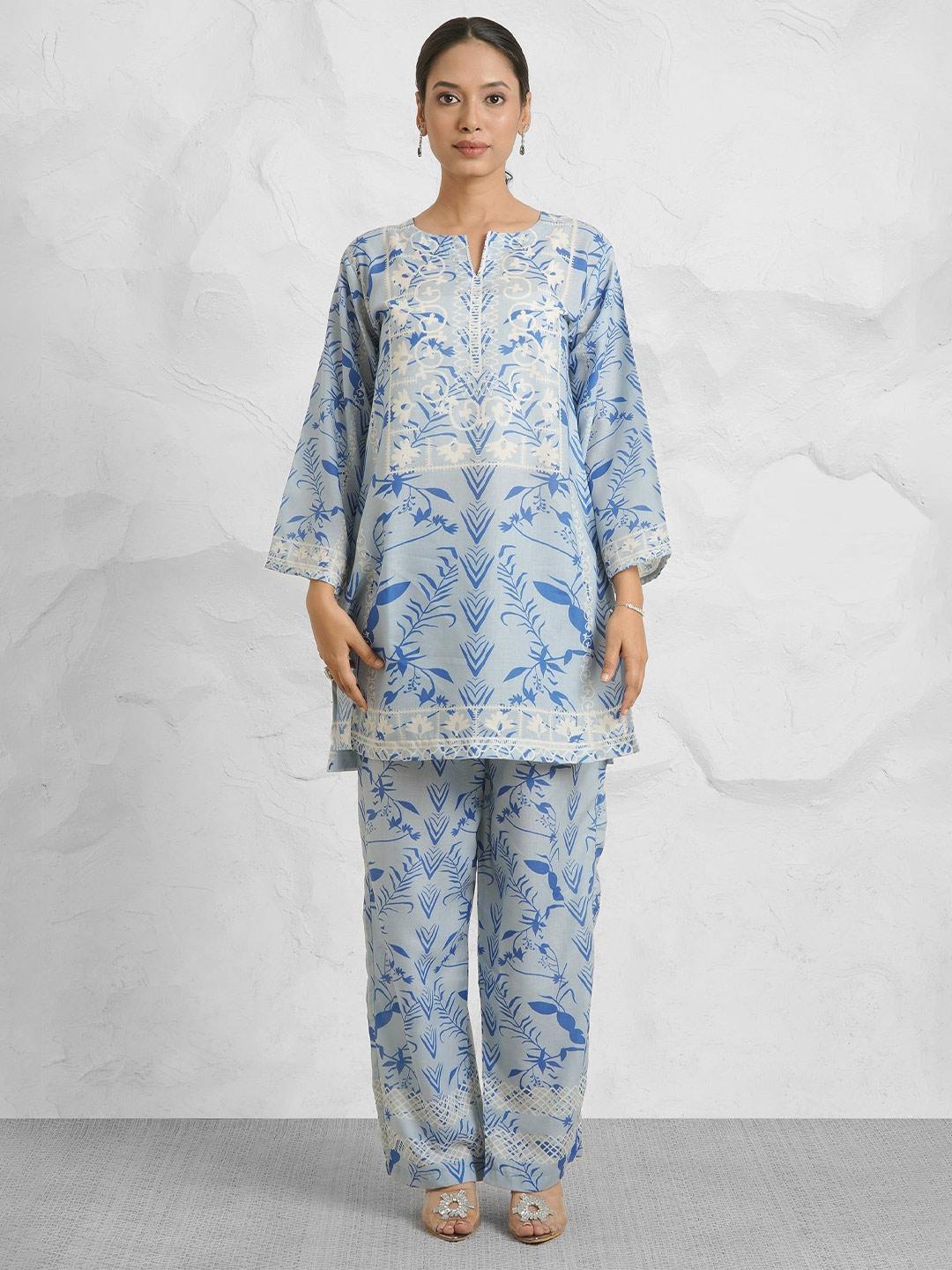Buy HOUSE OF KARI Blue Printed Round Neck Tunic With Trousers Cotton Co Ords -  - Apparel for Women