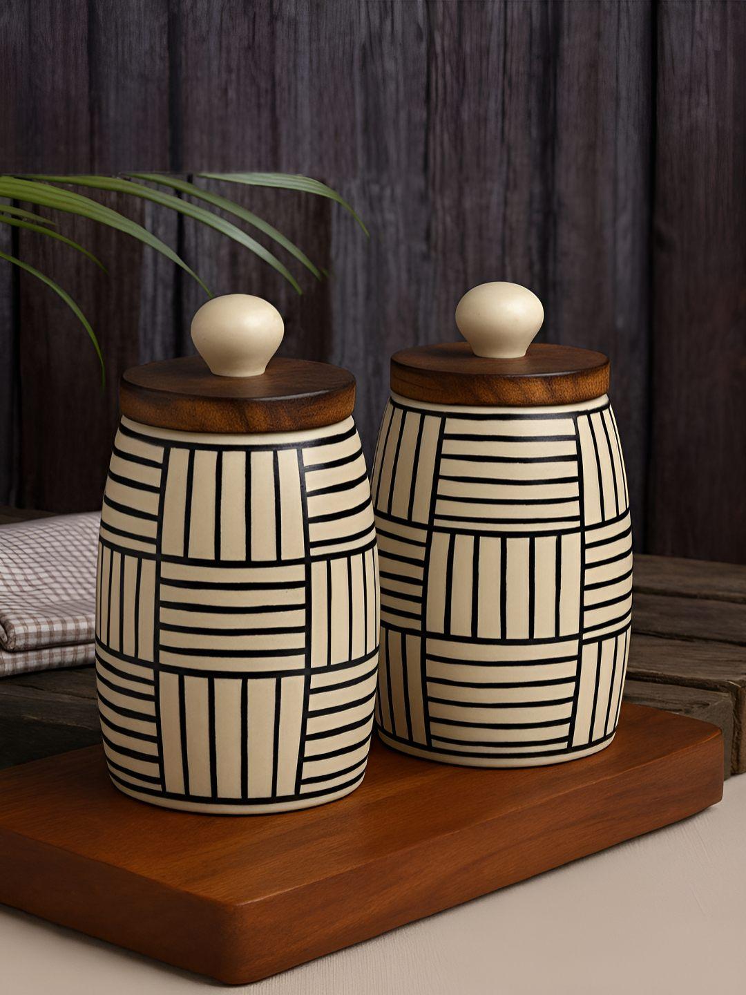 Buy StyleMyWay 2 Pieces Off White And Black Airtight Jar With Sheesham Wooden Lid - - Home for Unisex