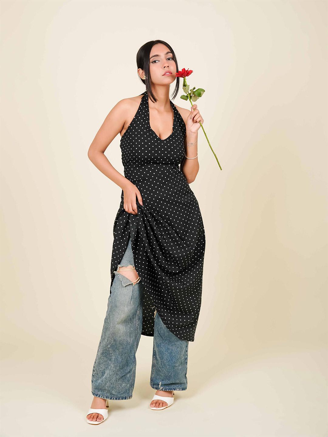 MONOMEE ATHENA WHITE POLKA DOT HALTER NECK DRESS